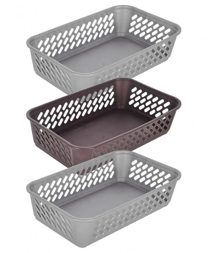 Kuber Industries Multiuses Super Tidy Plastic Tray/Basket/Organizer- Pack of 3 (Grey &amp; Brown &amp; Grey) -46KM0583