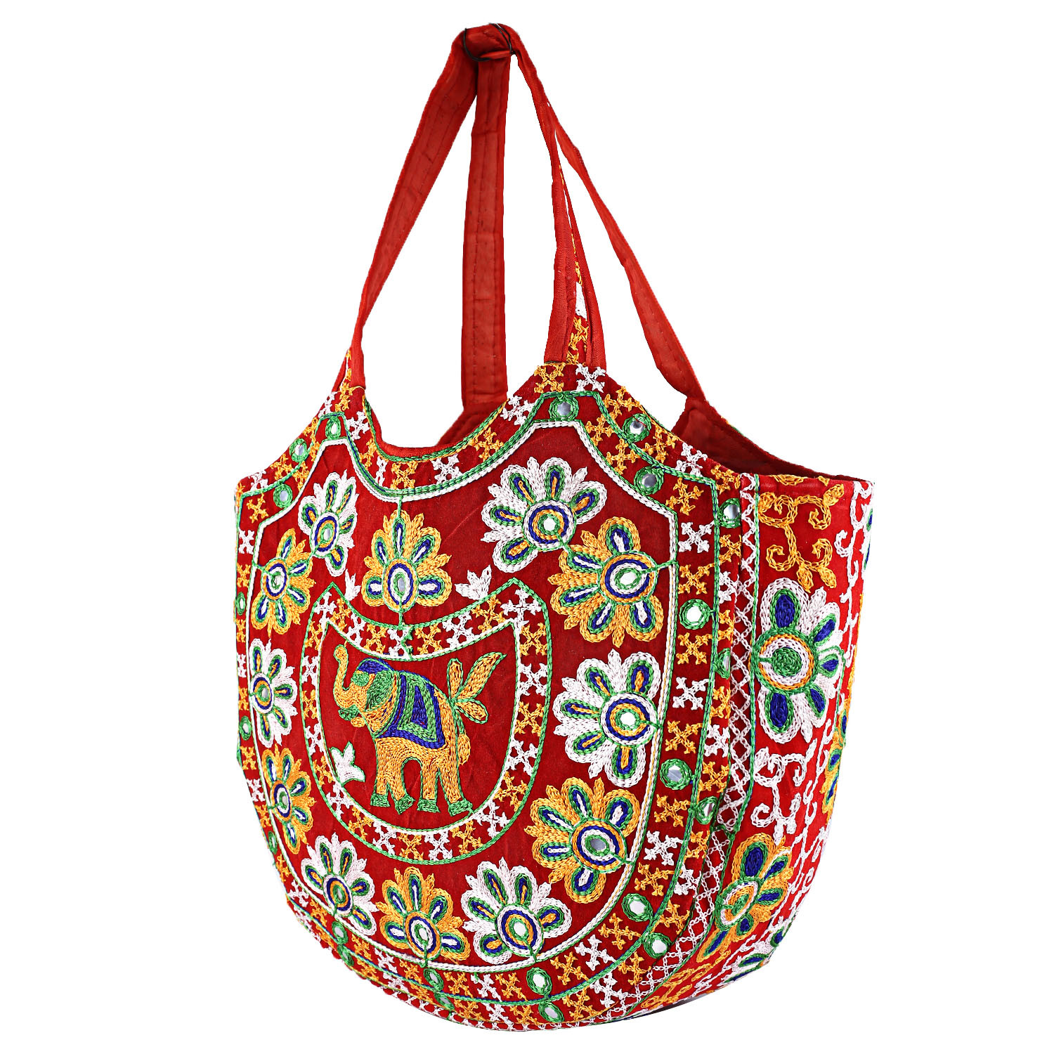 Kuber Industries Multiuses Velvet Floral Design Hand Bag/Tote Bag For Daily Trips, Travel, Office (Red)