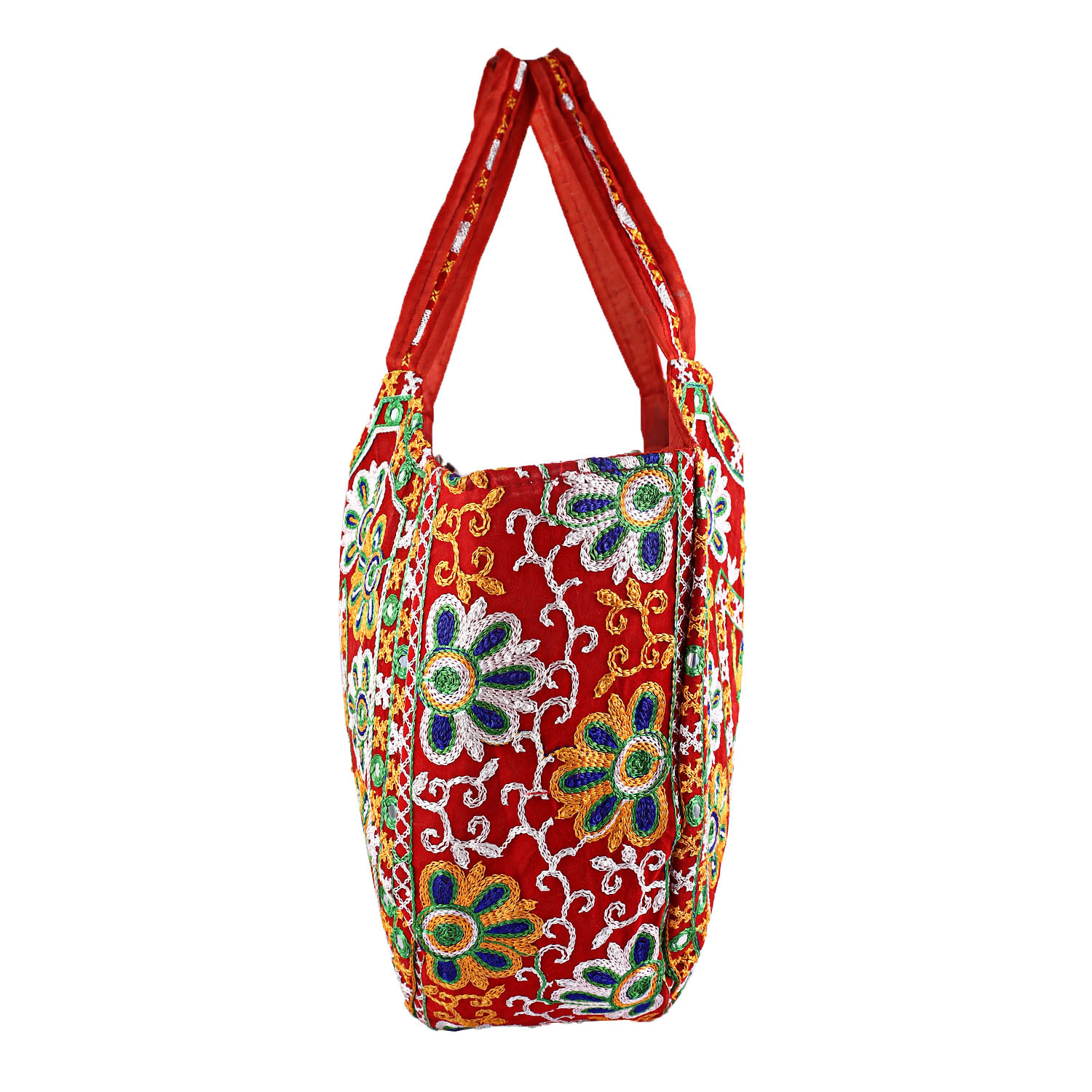 Kuber Industries Multiuses Velvet Floral Design Hand Bag/Tote Bag For Daily Trips, Travel, Office (Red)
