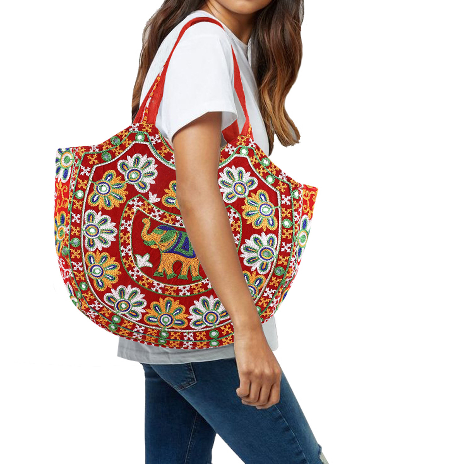 Kuber Industries Multiuses Velvet Floral Design Hand Bag/Tote Bag For Daily Trips, Travel, Office (Red)
