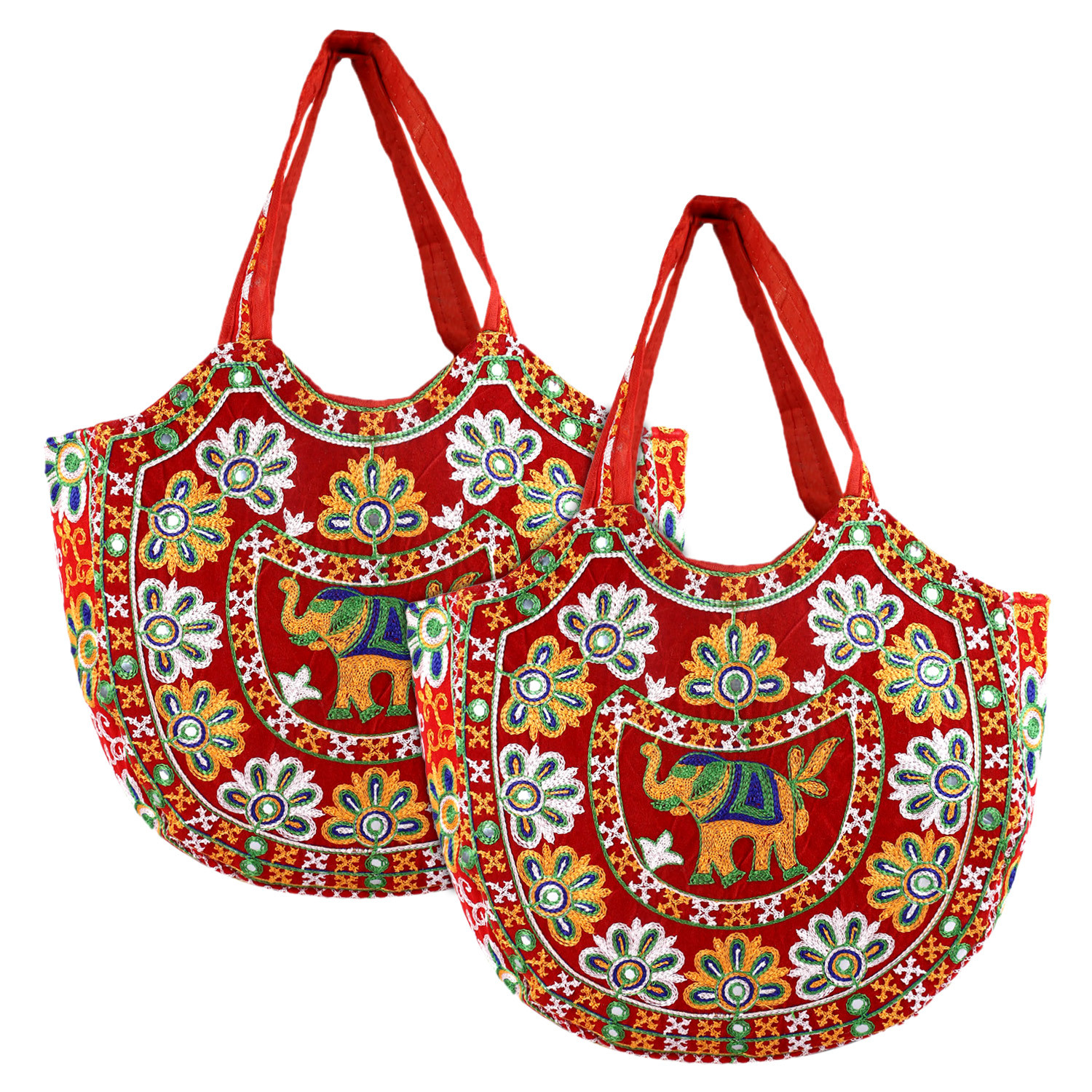 Kuber Industries Multiuses Velvet Floral Design Hand Bag/Tote Bag For Daily Trips, Travel, Office (Red)