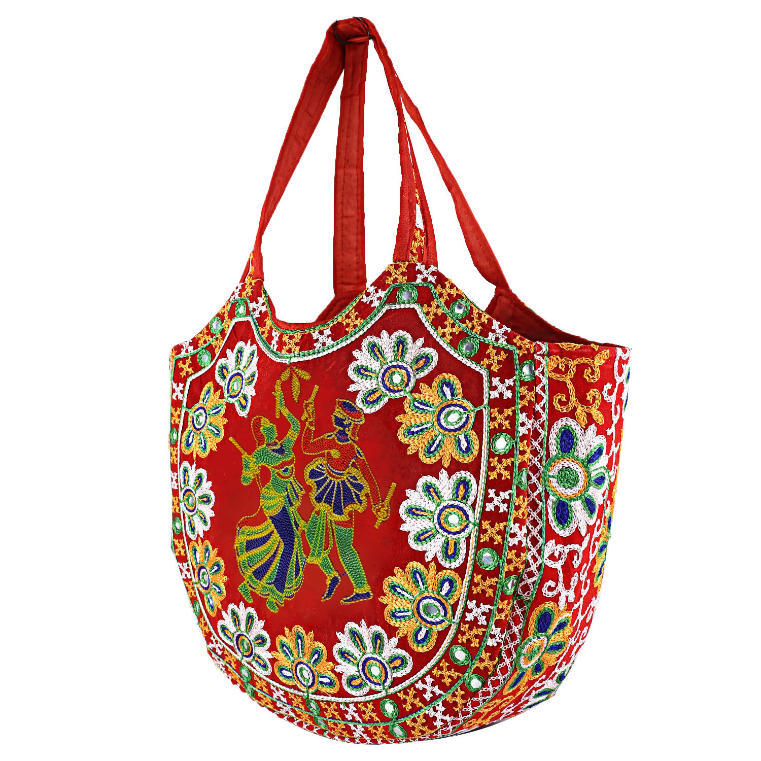 Kuber Industries Multiuses Velvet Rajasthani Embroidery Design Hand Bag/Tote Bag For Daily Trips, Travel, Office (Red)