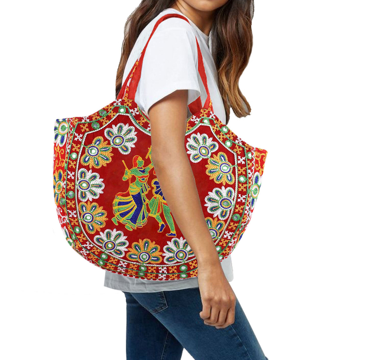 Kuber Industries Multiuses Velvet Rajasthani Embroidery Design Hand Bag/Tote Bag For Daily Trips, Travel, Office (Red)