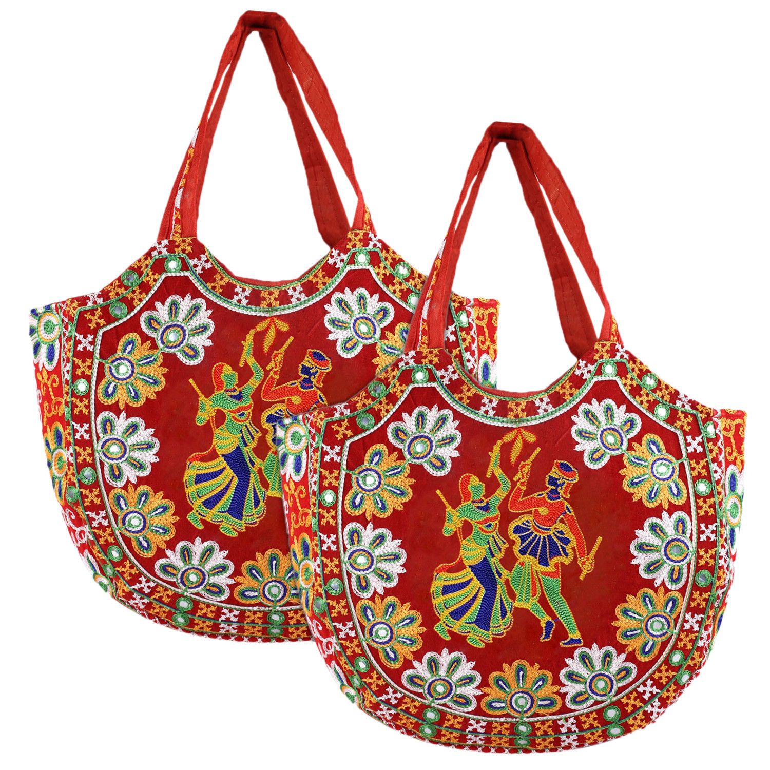 Kuber Industries Multiuses Velvet Rajasthani Embroidery Design Hand Bag/Tote Bag For Daily Trips, Travel, Office (Red)