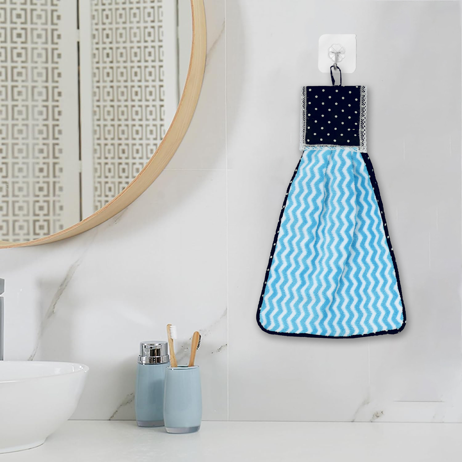 Kuber Industries Napkin | Washbasin Hanging Napkin | Kitchen Towel with Ties | Napkin for Kitchen | Zig Zag Napkin for Bathroom | Hand Towel for Kitchen | Blue