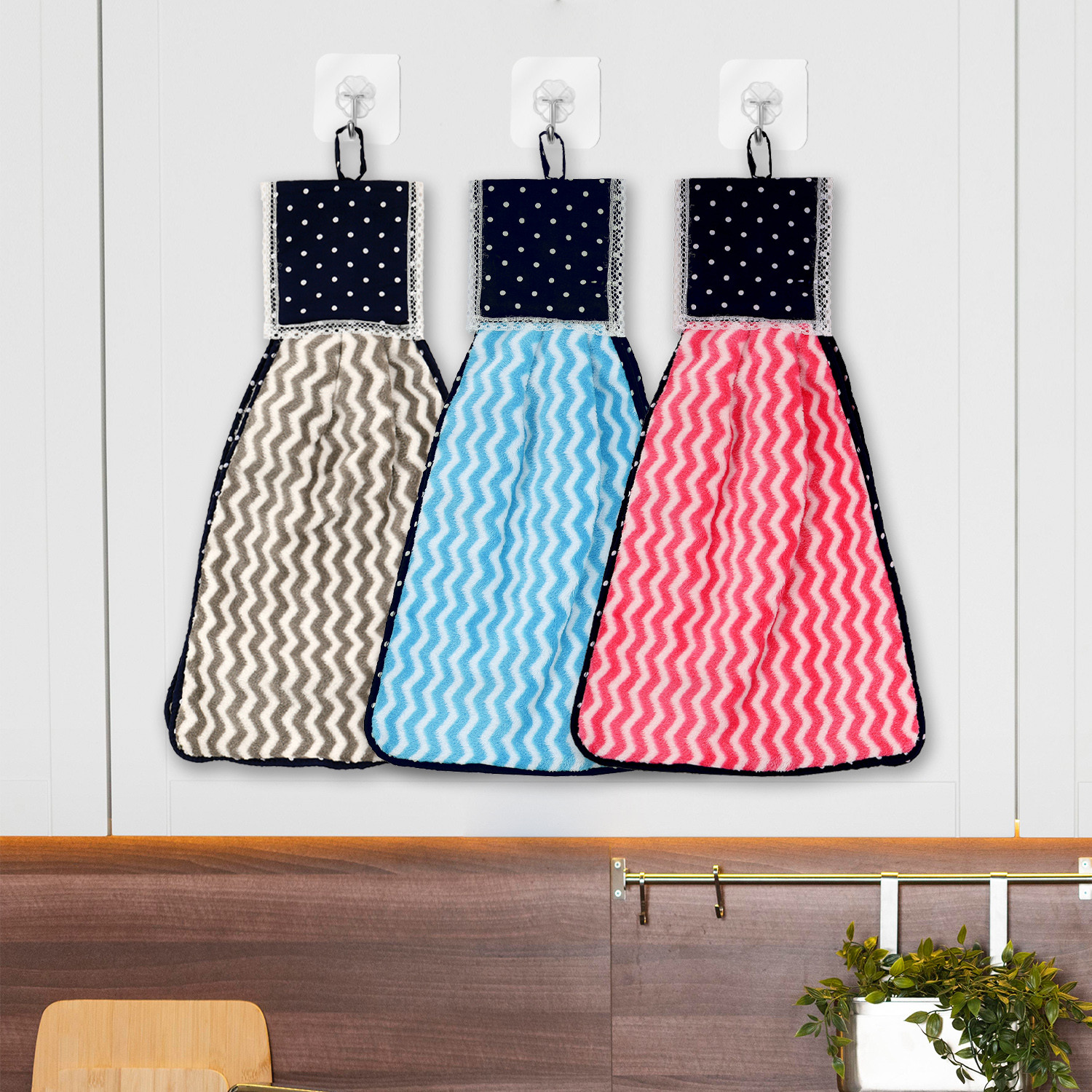 Kuber Industries Napkin | Washbasin Hanging Napkin | Kitchen Towel with Ties | Napkin for Kitchen | Zig Zag Napkin for Bathroom | Hand Towel for Kitchen | Pack of 3 | Multi