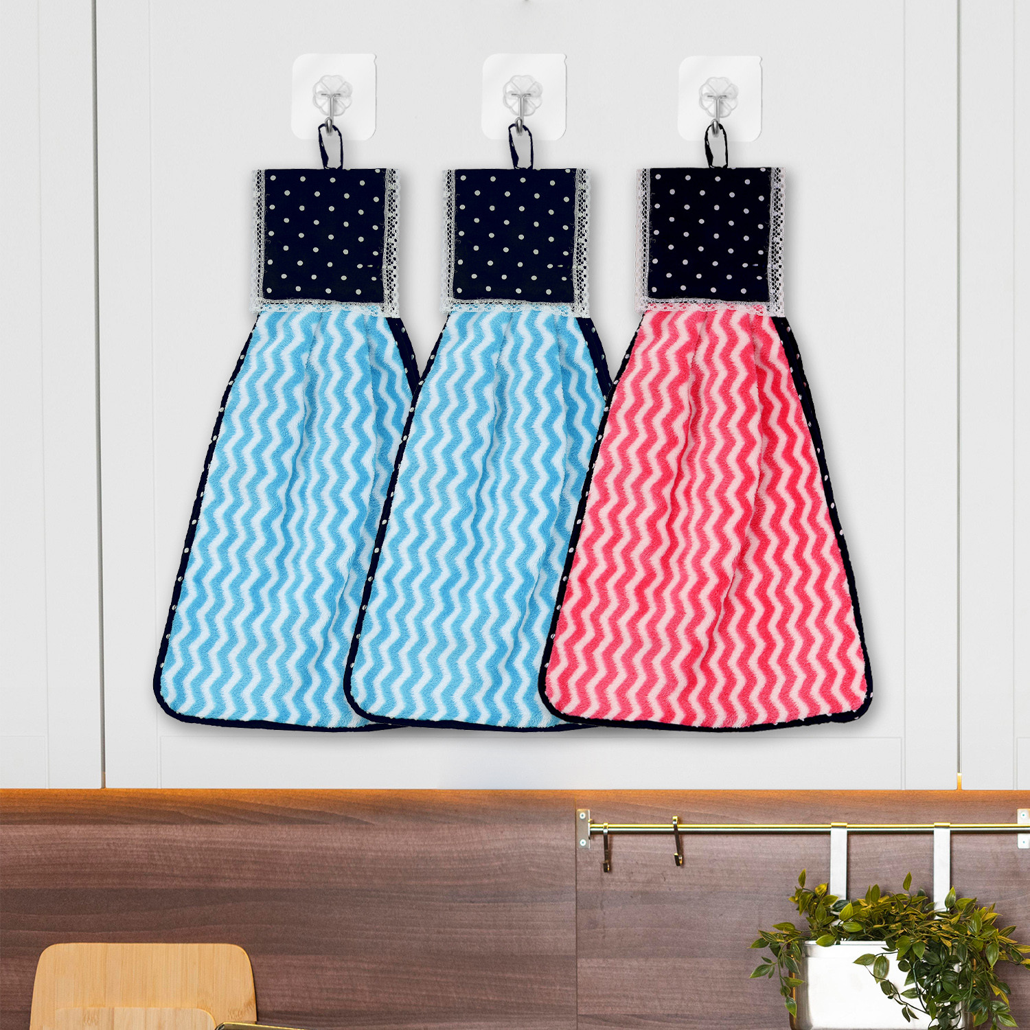 Kuber Industries Napkin | Washbasin Hanging Napkin | Kitchen Towel with Ties | Napkin for Kitchen | Zig Zag Napkin for Bathroom | Hand Towel for Kitchen | Pack of 3 | Multi