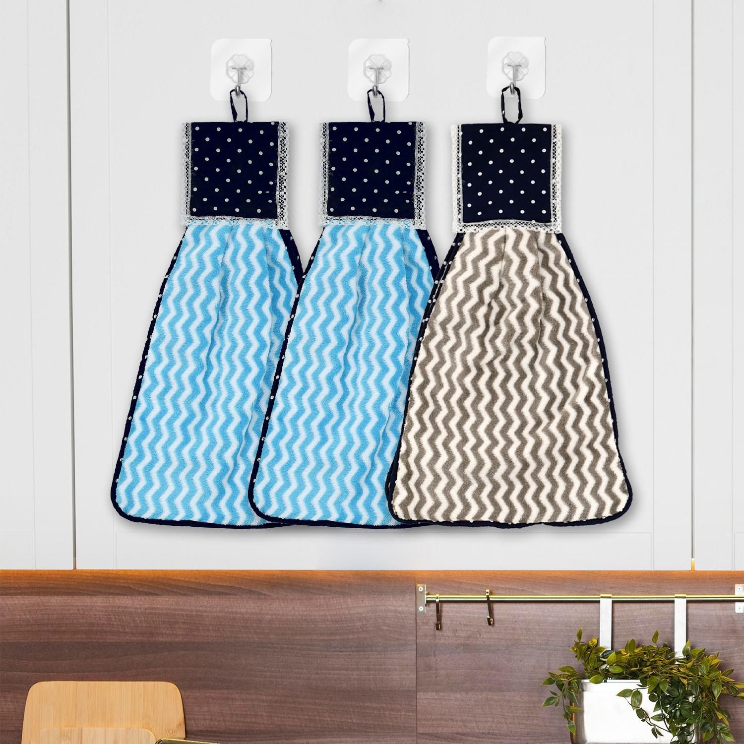Kuber Industries Napkin | Washbasin Hanging Napkin | Kitchen Towel with Ties | Napkin for Kitchen | Zig Zag Napkin for Bathroom | Hand Towel for Kitchen | Pack of 3 | Multi