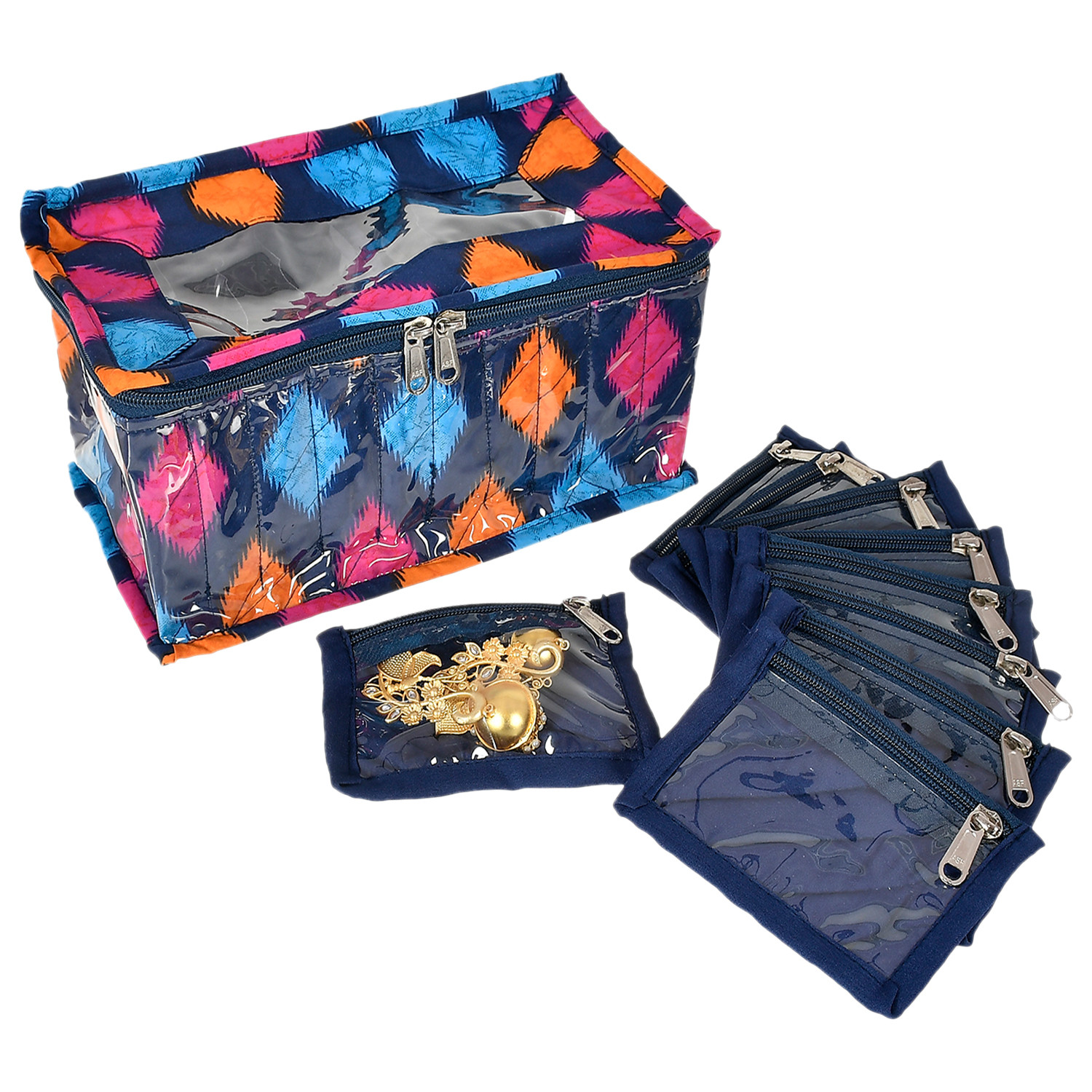 Kuber Industries Navajo Printed Laminated PVC Jewellery Organiser, Storage Bag for Necklace, Earrings, Rings, Bracelet With 10 Transparent Pouches (Blue)