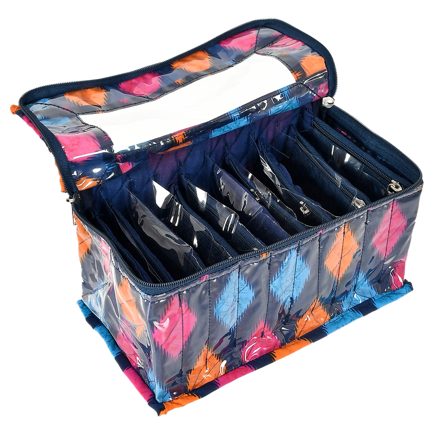 Kuber Industries Navajo Printed Laminated PVC Jewellery Organiser, Storage Bag for Necklace, Earrings, Rings, Bracelet With 10 Transparent Pouches (Blue)