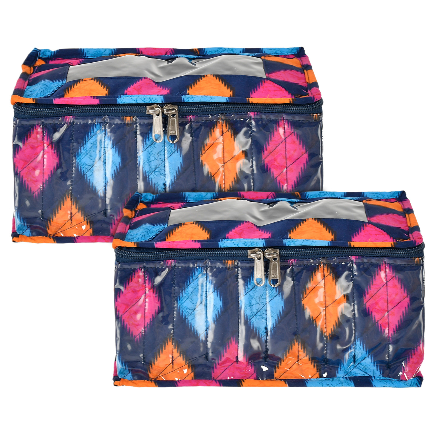 Kuber Industries Navajo Printed Laminated PVC Jewellery Organiser, Storage Bag for Necklace, Earrings, Rings, Bracelet With 10 Transparent Pouches (Blue)