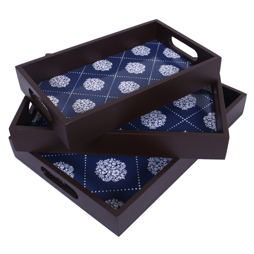 Kuber Industries Nested Serving Trays|Wooden Damask Blue Design Farmhouse Platter|Rectangular Shape Coffee Table Trays with Handle for Kitchen,Dining Area,Set of 3 (Brown)