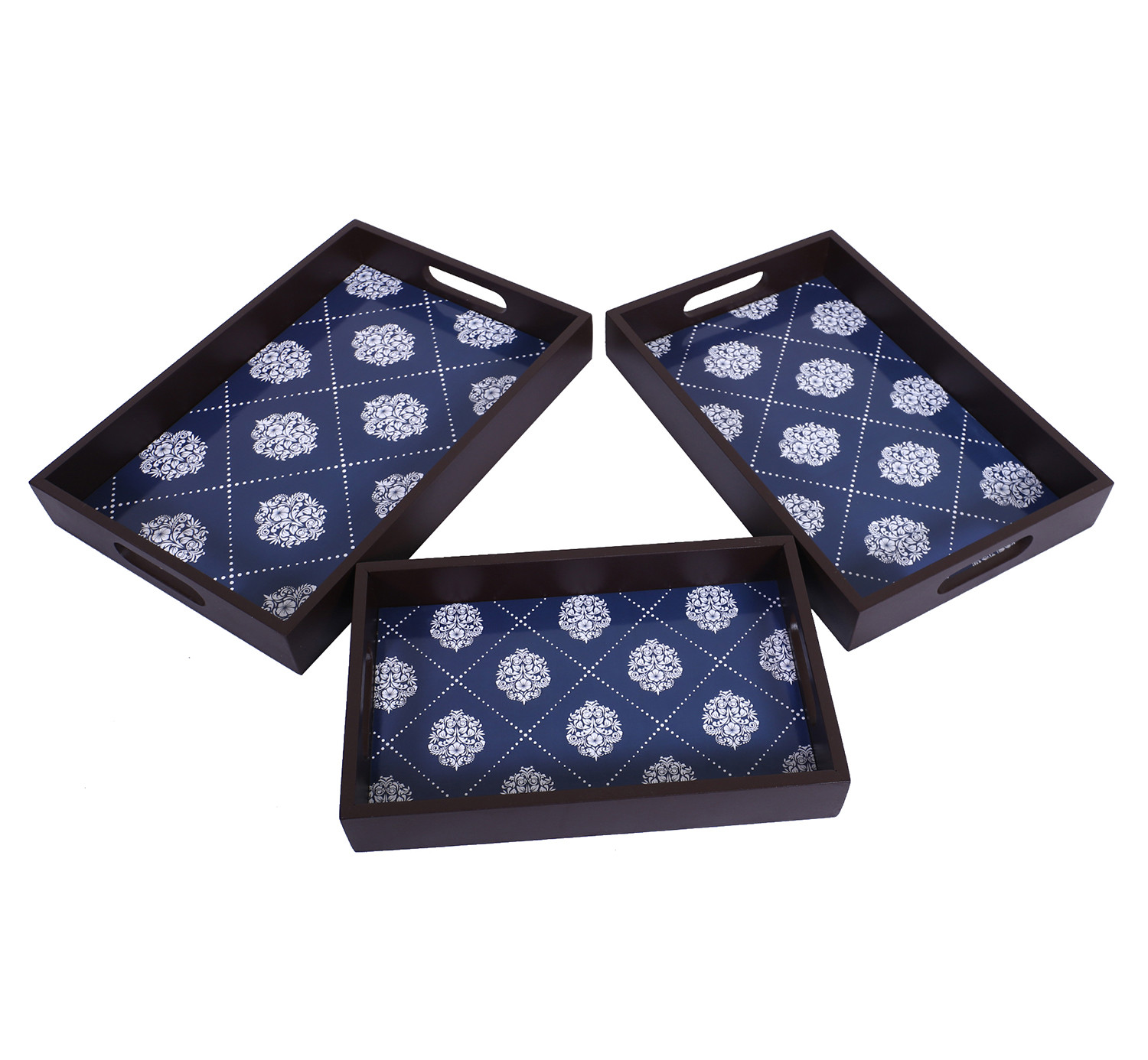 Kuber Industries Nested Serving Trays|Wooden Damask Blue Design Farmhouse Platter|Rectangular Shape Coffee Table Trays with Handle for Kitchen,Dining Area,Set of 3 (Brown)