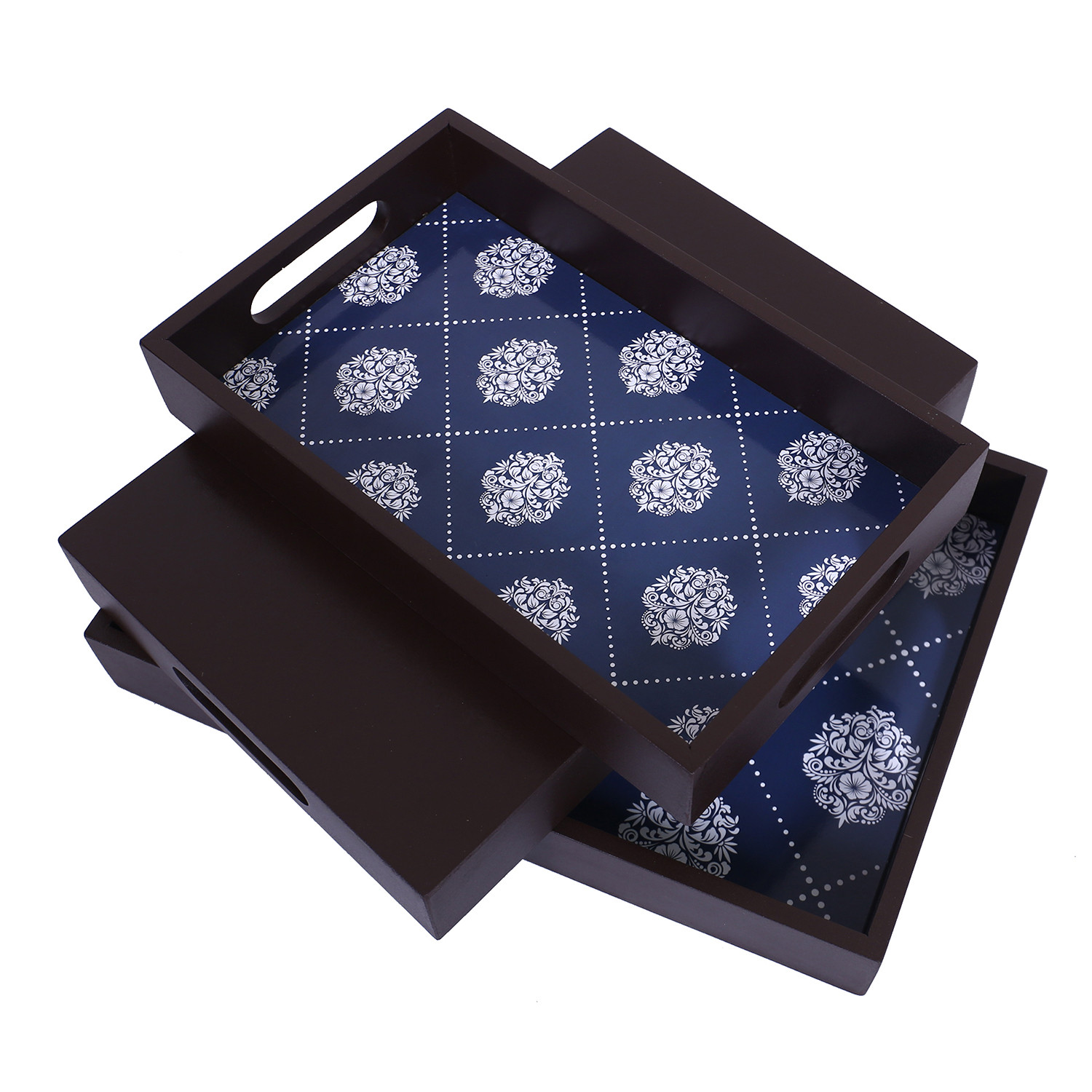 Kuber Industries Nested Serving Trays|Wooden Damask Blue Design Farmhouse Platter|Rectangular Shape Coffee Table Trays with Handle for Kitchen,Dining Area,Set of 3 (Brown)