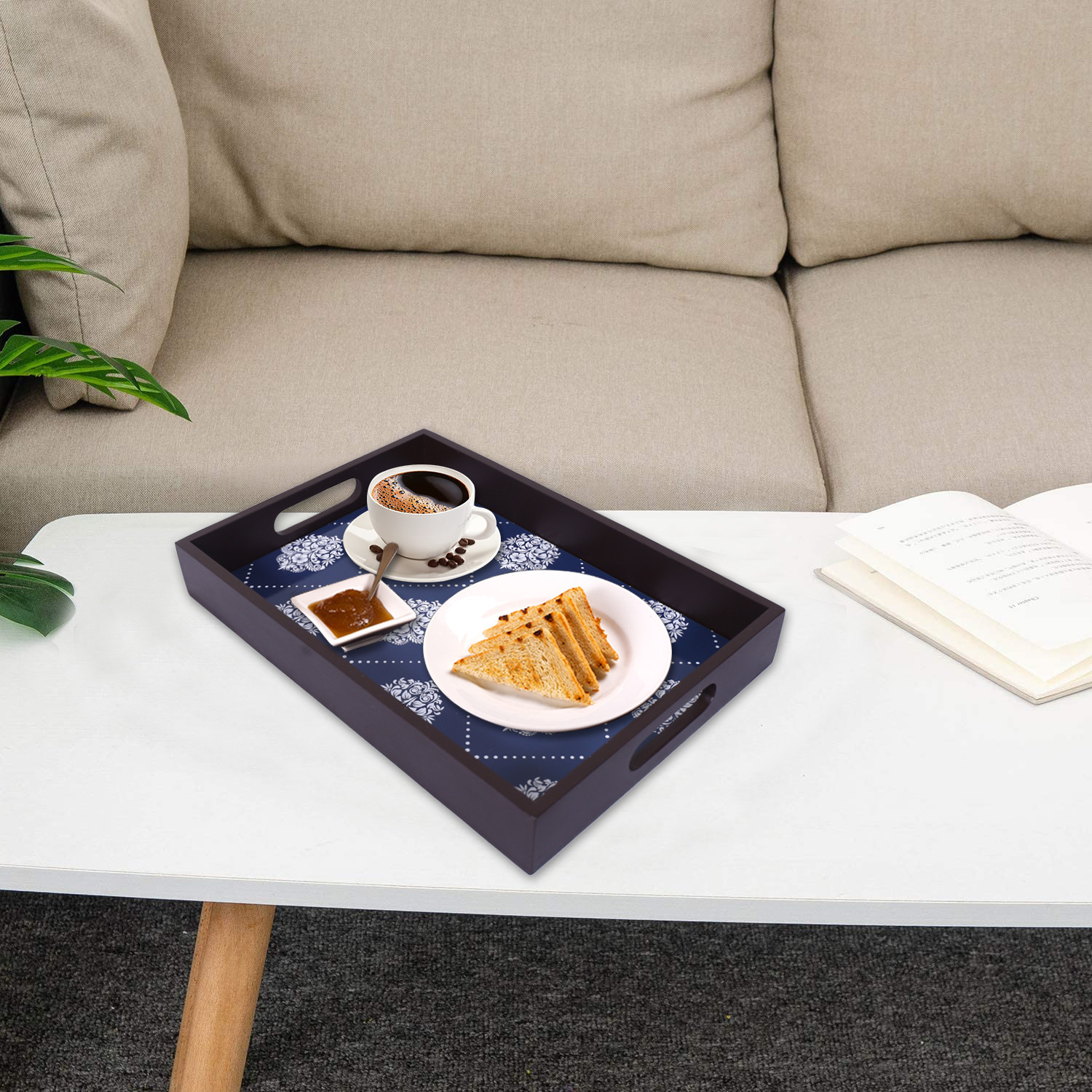 Kuber Industries Nested Serving Trays|Wooden Damask Blue Design Farmhouse Platter|Rectangular Shape Coffee Table Trays with Handle for Kitchen,Dining Area,Set of 3 (Brown)