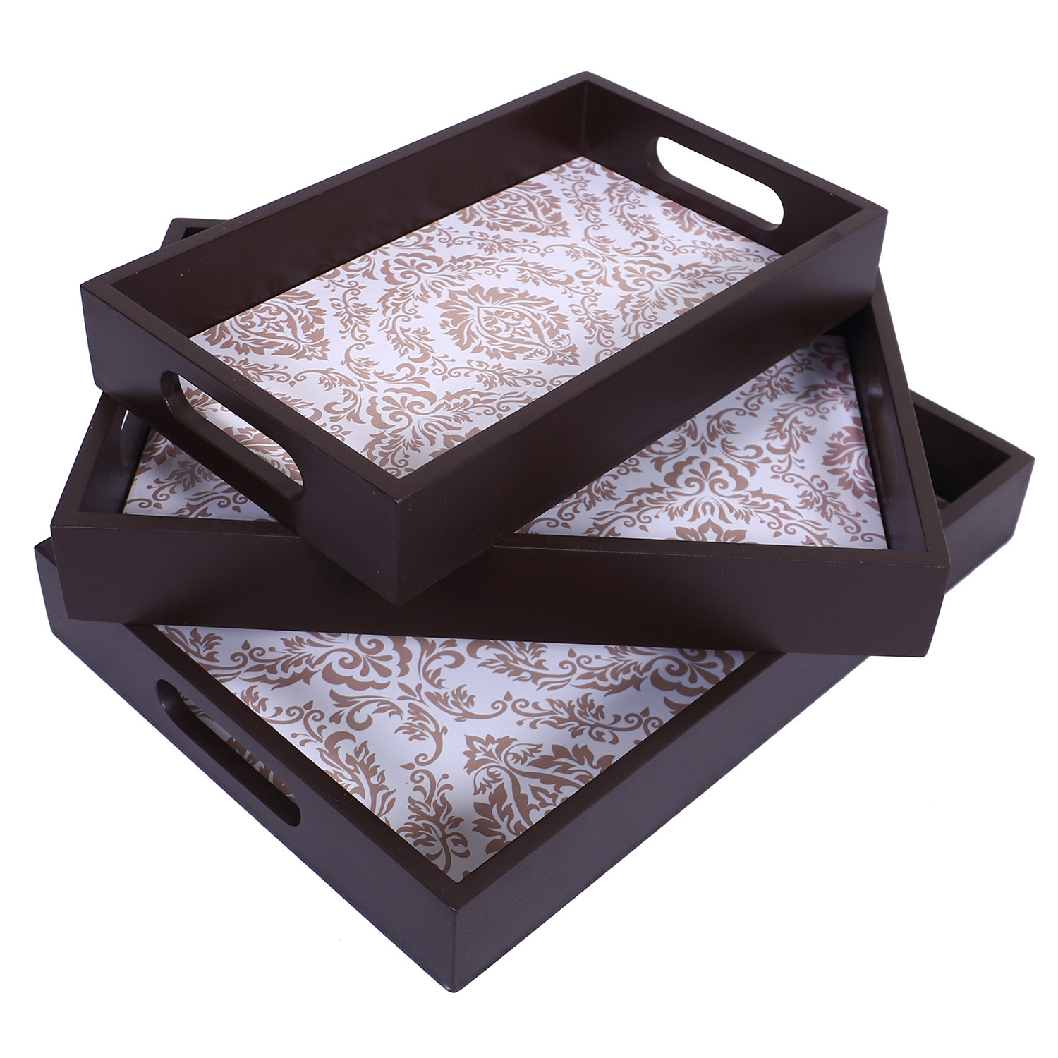 Kuber Industries Nested Serving Trays|Wooden Damask Gold Design Farmhouse Platter|Rectangular Shape Coffee Table Trays with Handle for Kitchen,Dining Area,Set of 3 (Brown)