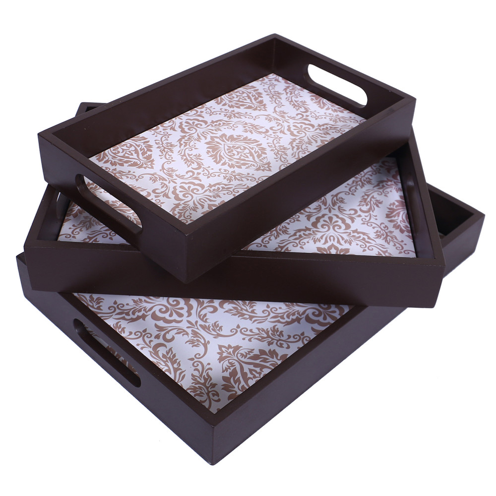 Kuber Industries Nested Serving Trays|Wooden Damask Gold Design Farmhouse Platter|Rectangular Shape Coffee Table Trays with Handle for Kitchen,Dining Area,Set of 3 (Brown)