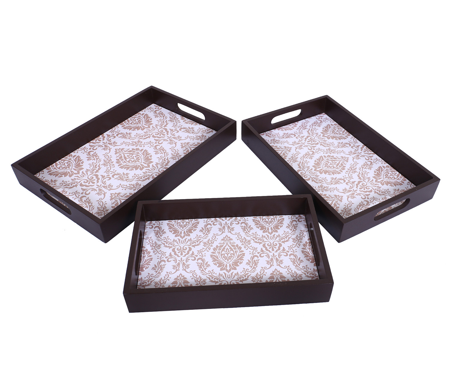 Kuber Industries Nested Serving Trays|Wooden Damask Gold Design Farmhouse Platter|Rectangular Shape Coffee Table Trays with Handle for Kitchen,Dining Area,Set of 3 (Brown)