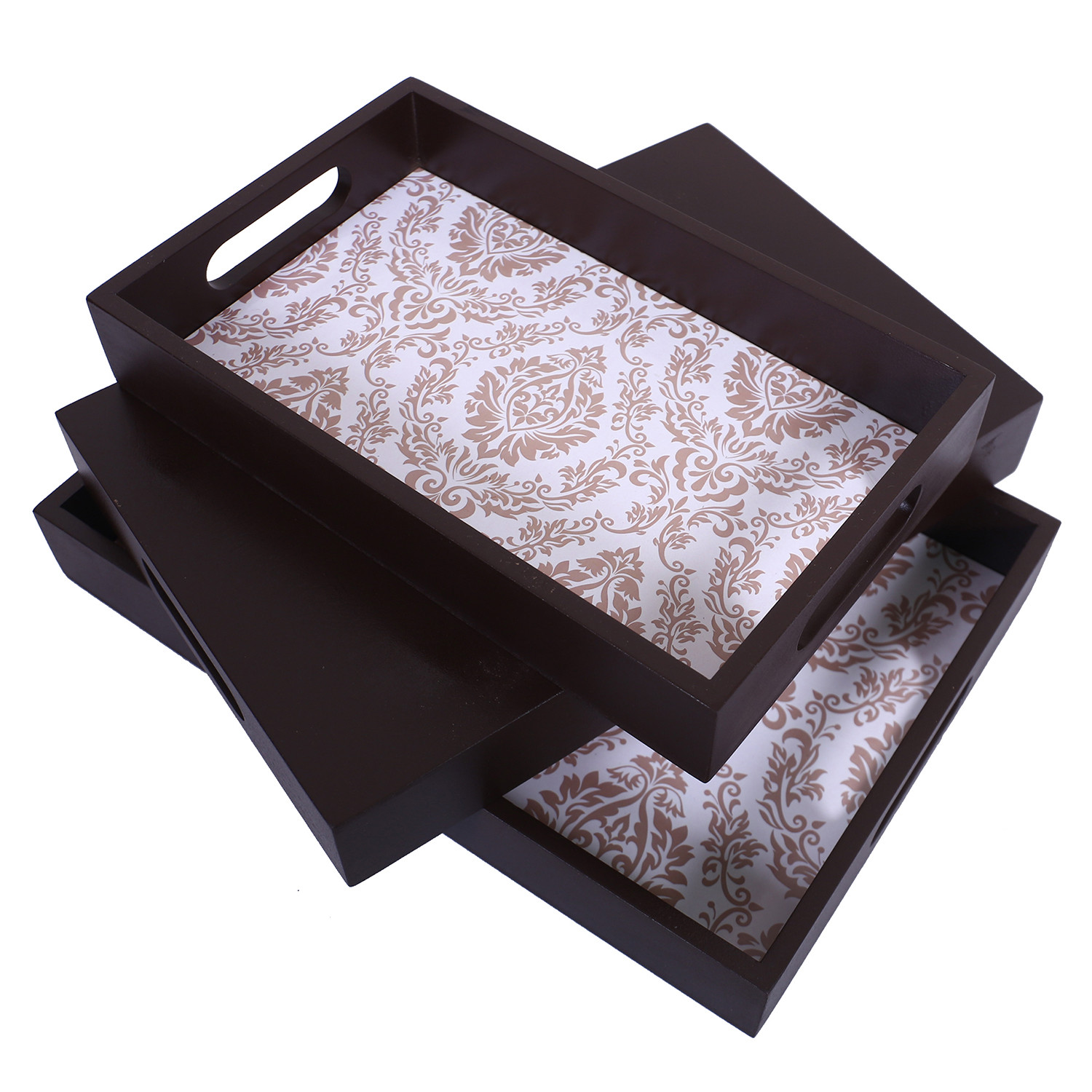 Kuber Industries Nested Serving Trays|Wooden Damask Gold Design Farmhouse Platter|Rectangular Shape Coffee Table Trays with Handle for Kitchen,Dining Area,Set of 3 (Brown)