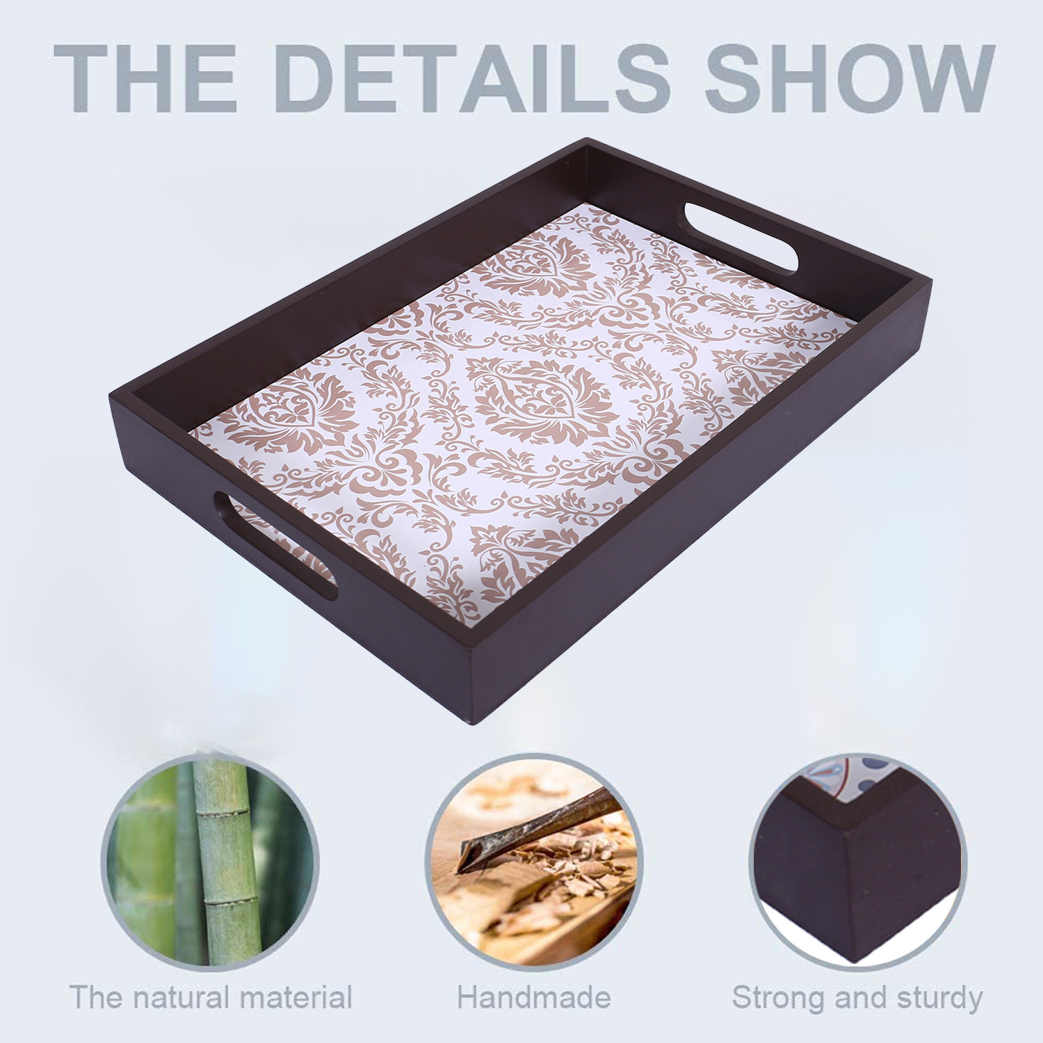 Kuber Industries Nested Serving Trays|Wooden Damask Gold Design Farmhouse Platter|Rectangular Shape Coffee Table Trays with Handle for Kitchen,Dining Area,Set of 3 (Brown)
