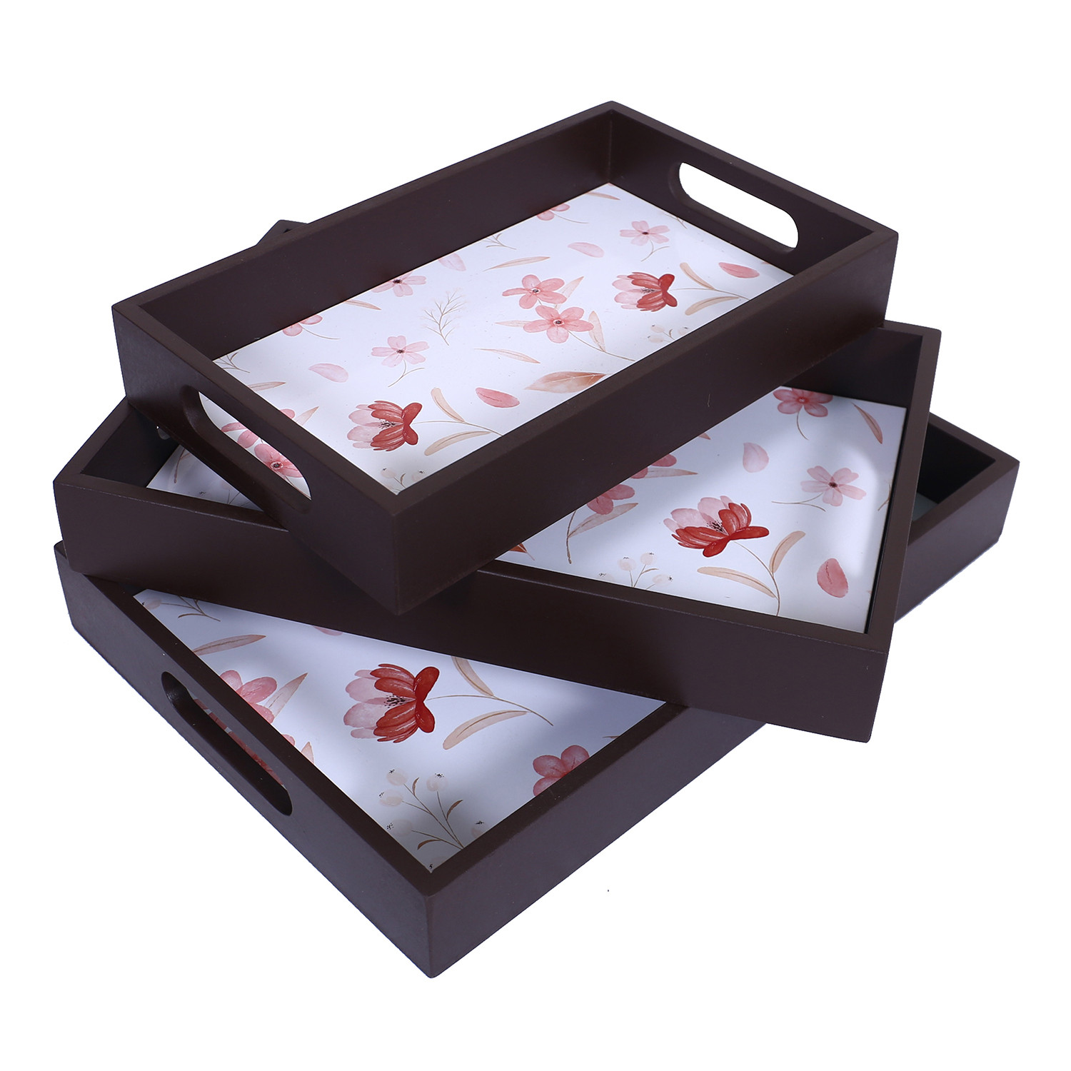 Kuber Industries Nested Serving Trays|Wooden Flower Design Farmhouse Platter|Rectangular Shape Coffee Table Trays with Handle for Kitchen,Dining Area,Set of 3 (Brown)