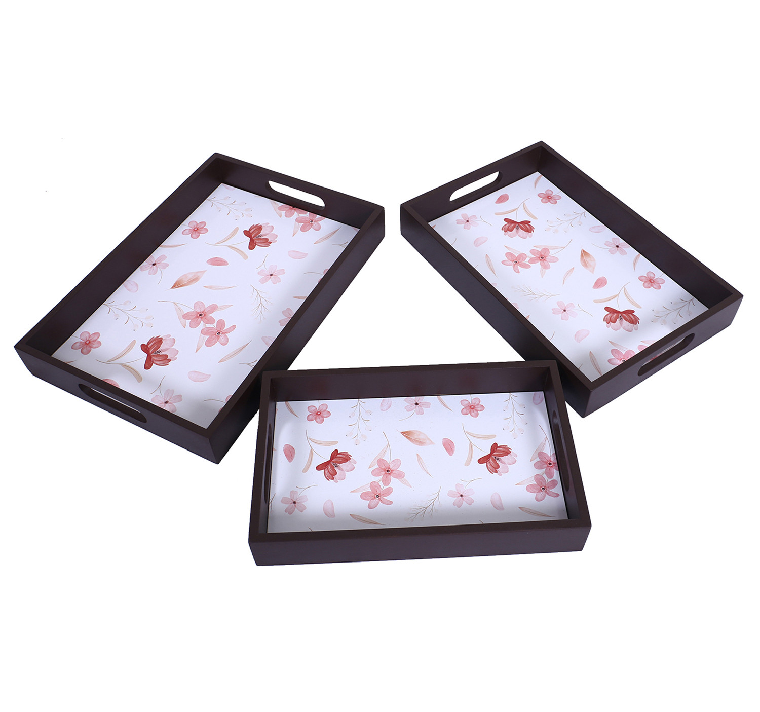 Kuber Industries Nested Serving Trays|Wooden Flower Design Farmhouse Platter|Rectangular Shape Coffee Table Trays with Handle for Kitchen,Dining Area,Set of 3 (Brown)