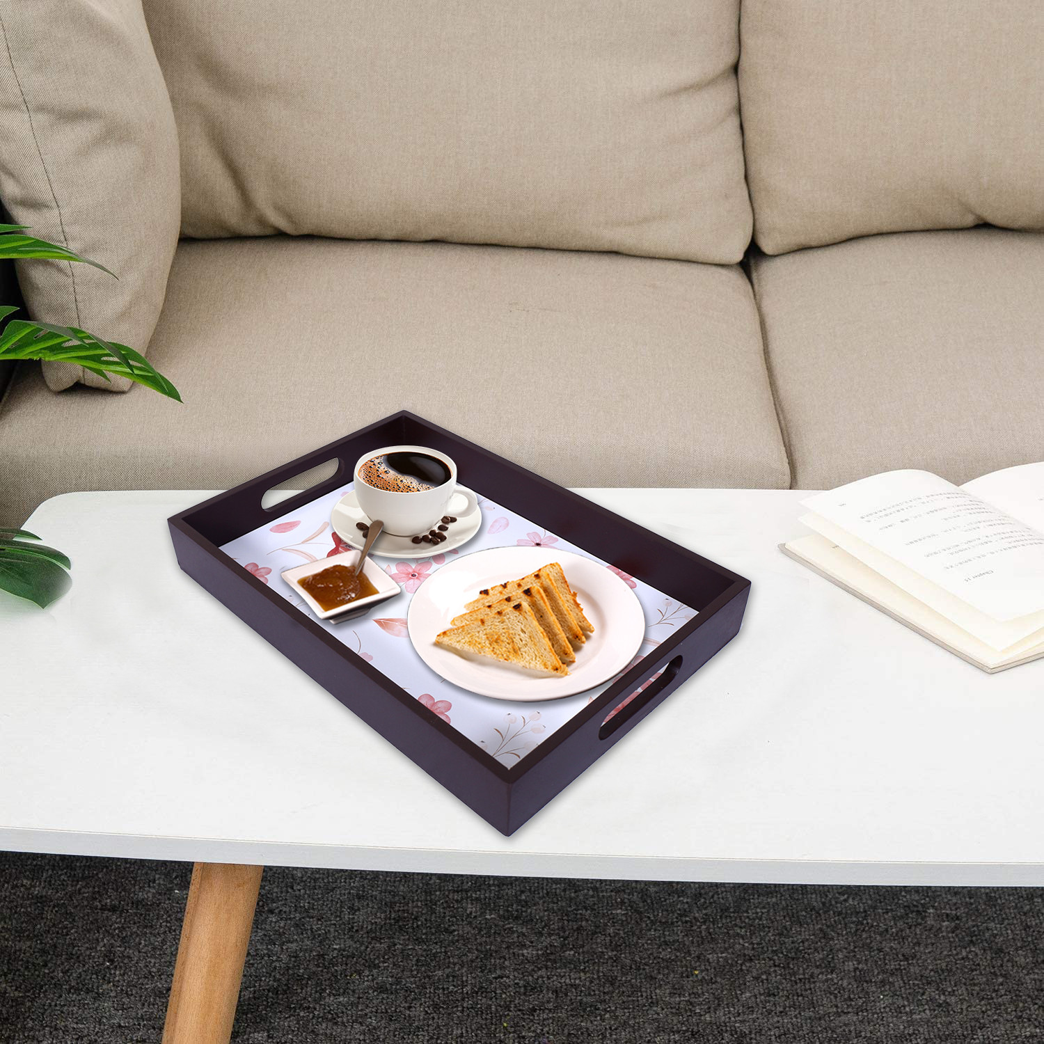 Kuber Industries Nested Serving Trays|Wooden Flower Design Farmhouse Platter|Rectangular Shape Coffee Table Trays with Handle for Kitchen,Dining Area,Set of 3 (Brown)