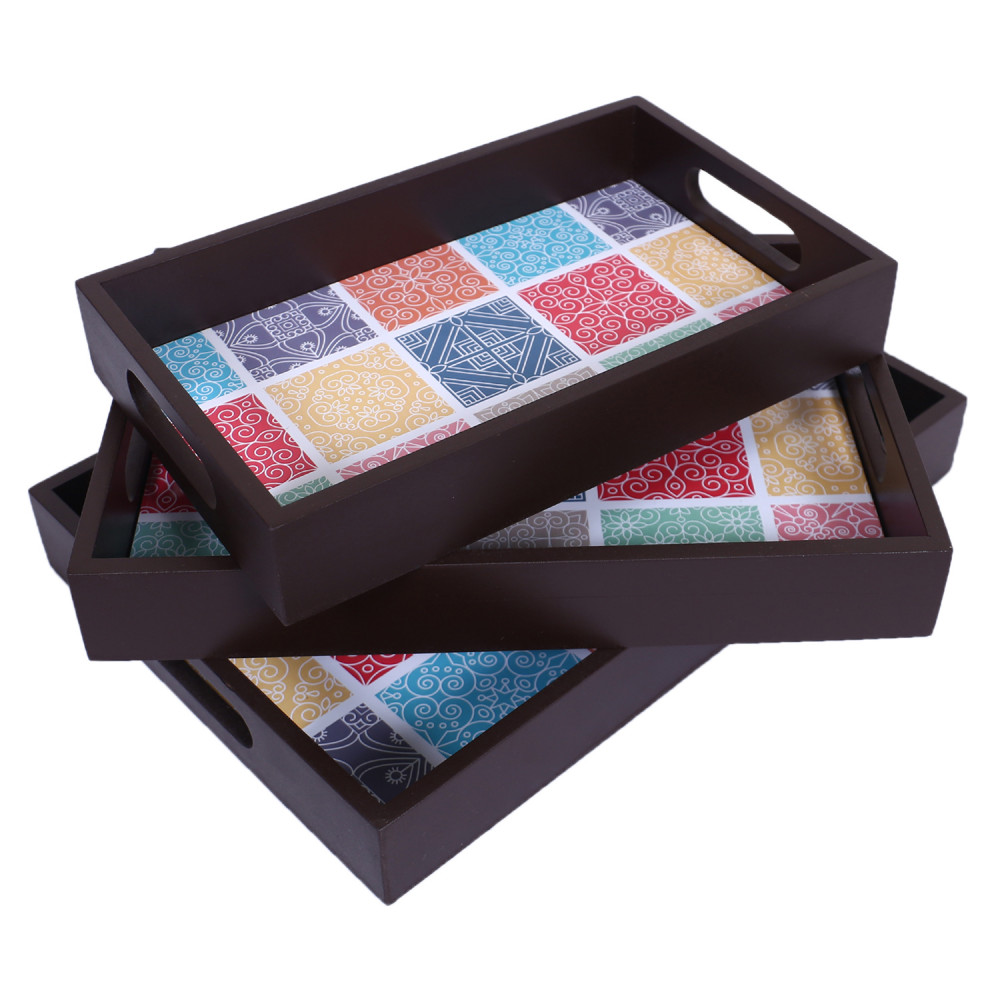 Kuber Industries Nested Serving Trays|Wooden Geometric Design Farmhouse Platter|Rectangular Shape Coffee Table Trays with Handle for Kitchen,Dining Area,Set of 3 (Brown)