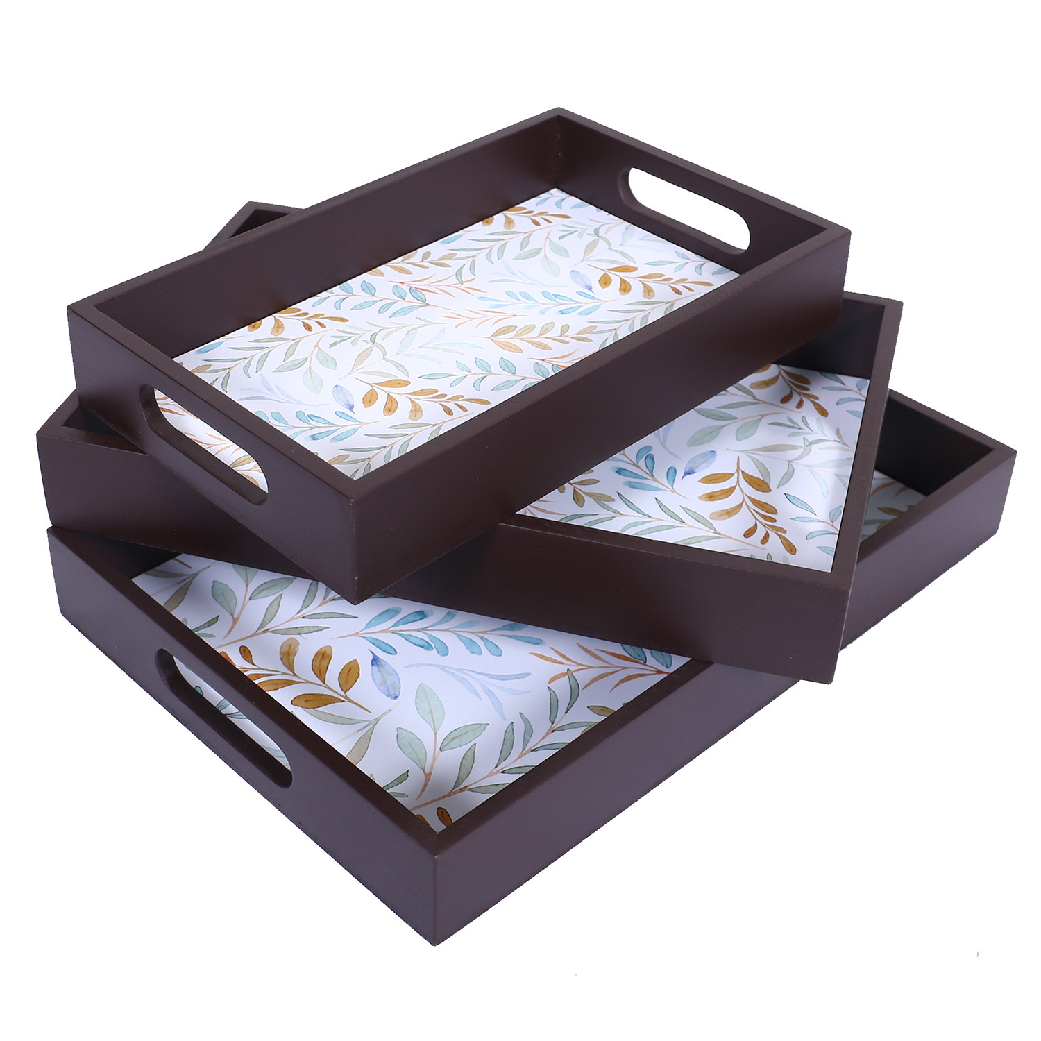 Kuber Industries Nested Serving Trays|Wooden Leaf Design Farmhouse Platter|Rectangular Shape Coffee Table Trays with Handle for Kitchen,Dining Area,Set of 3 (Brown)