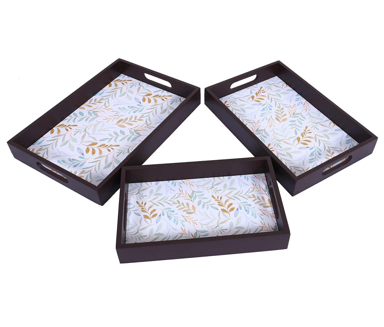 Kuber Industries Nested Serving Trays|Wooden Leaf Design Farmhouse Platter|Rectangular Shape Coffee Table Trays with Handle for Kitchen,Dining Area,Set of 3 (Brown)