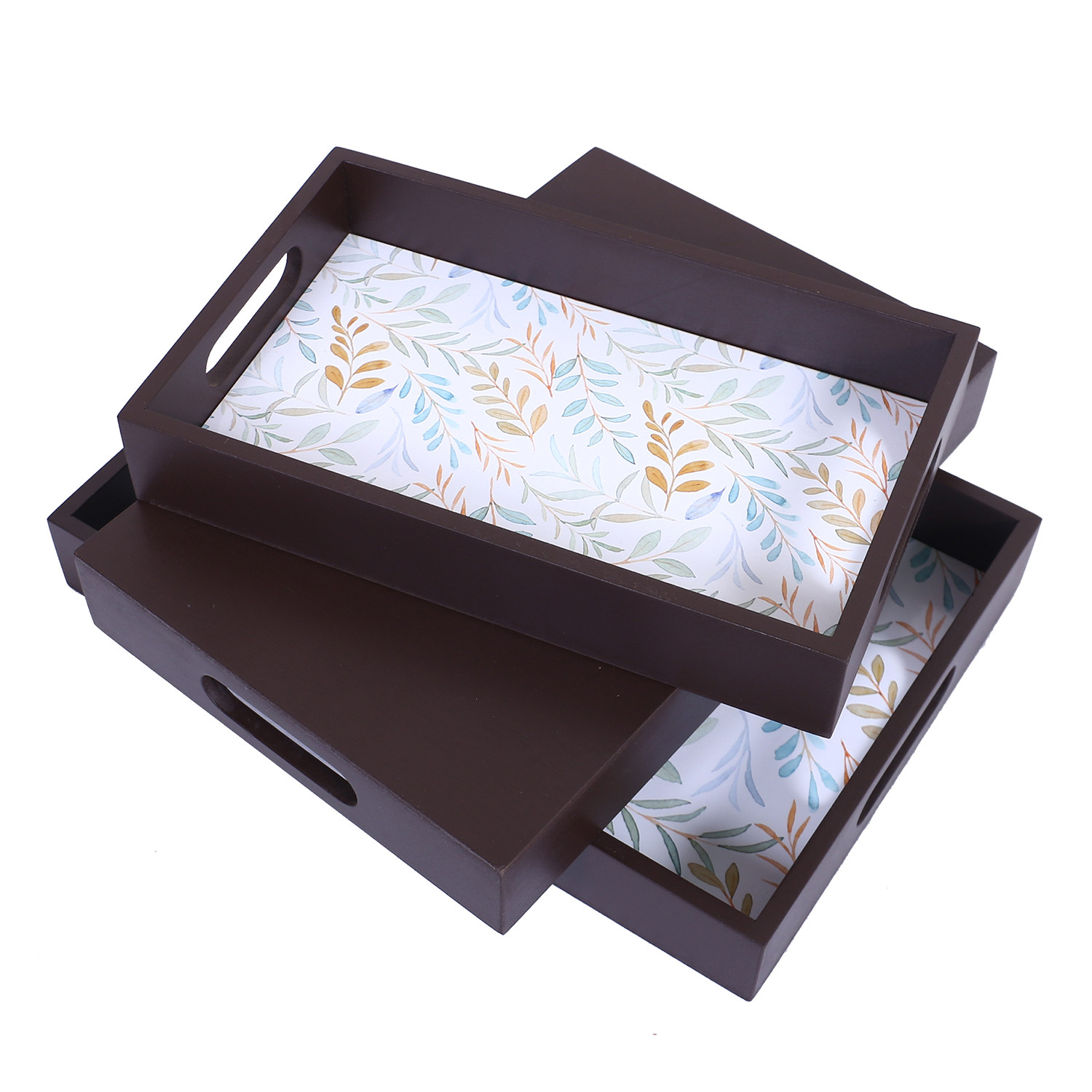 Kuber Industries Nested Serving Trays|Wooden Leaf Design Farmhouse Platter|Rectangular Shape Coffee Table Trays with Handle for Kitchen,Dining Area,Set of 3 (Brown)