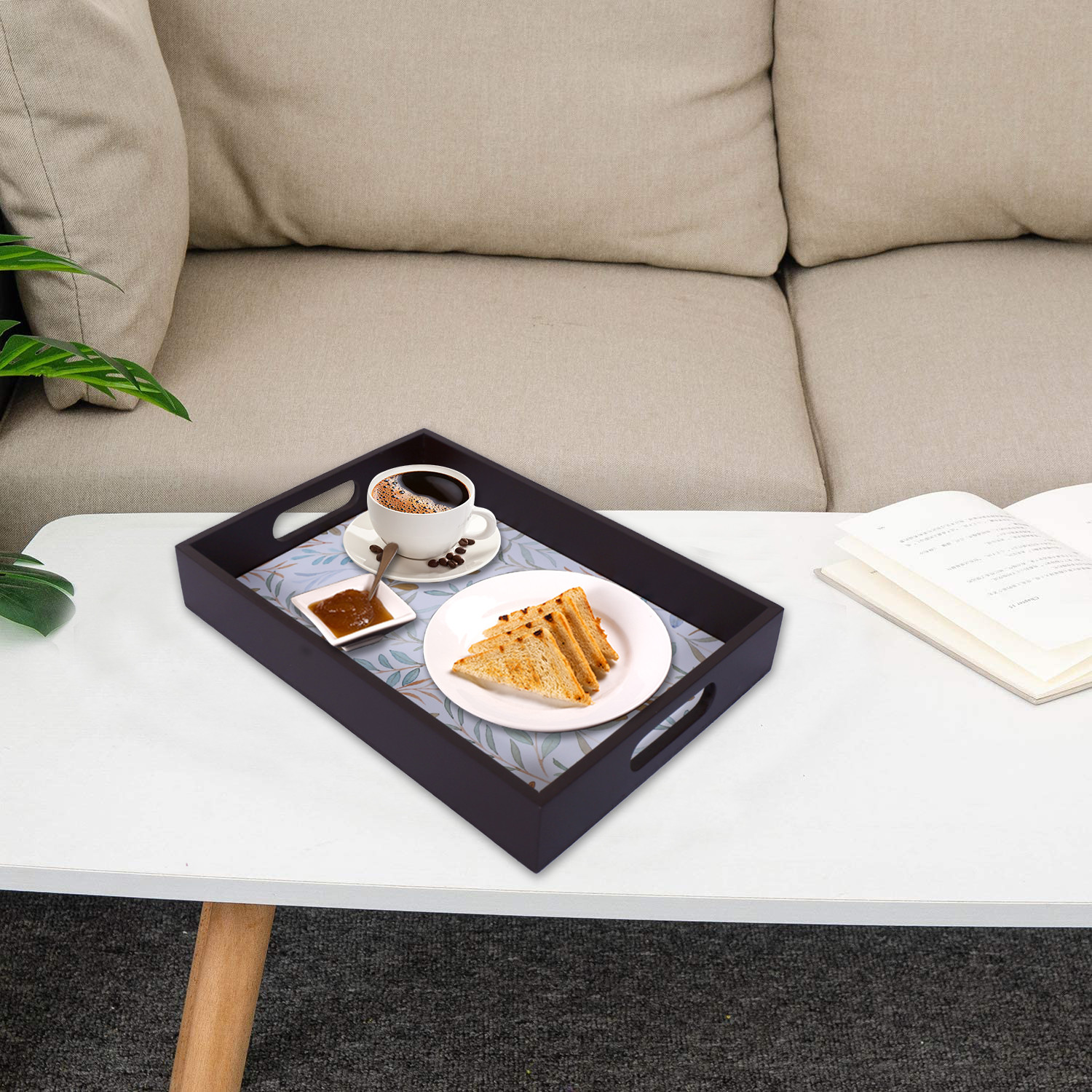 Kuber Industries Nested Serving Trays|Wooden Leaf Design Farmhouse Platter|Rectangular Shape Coffee Table Trays with Handle for Kitchen,Dining Area,Set of 3 (Brown)