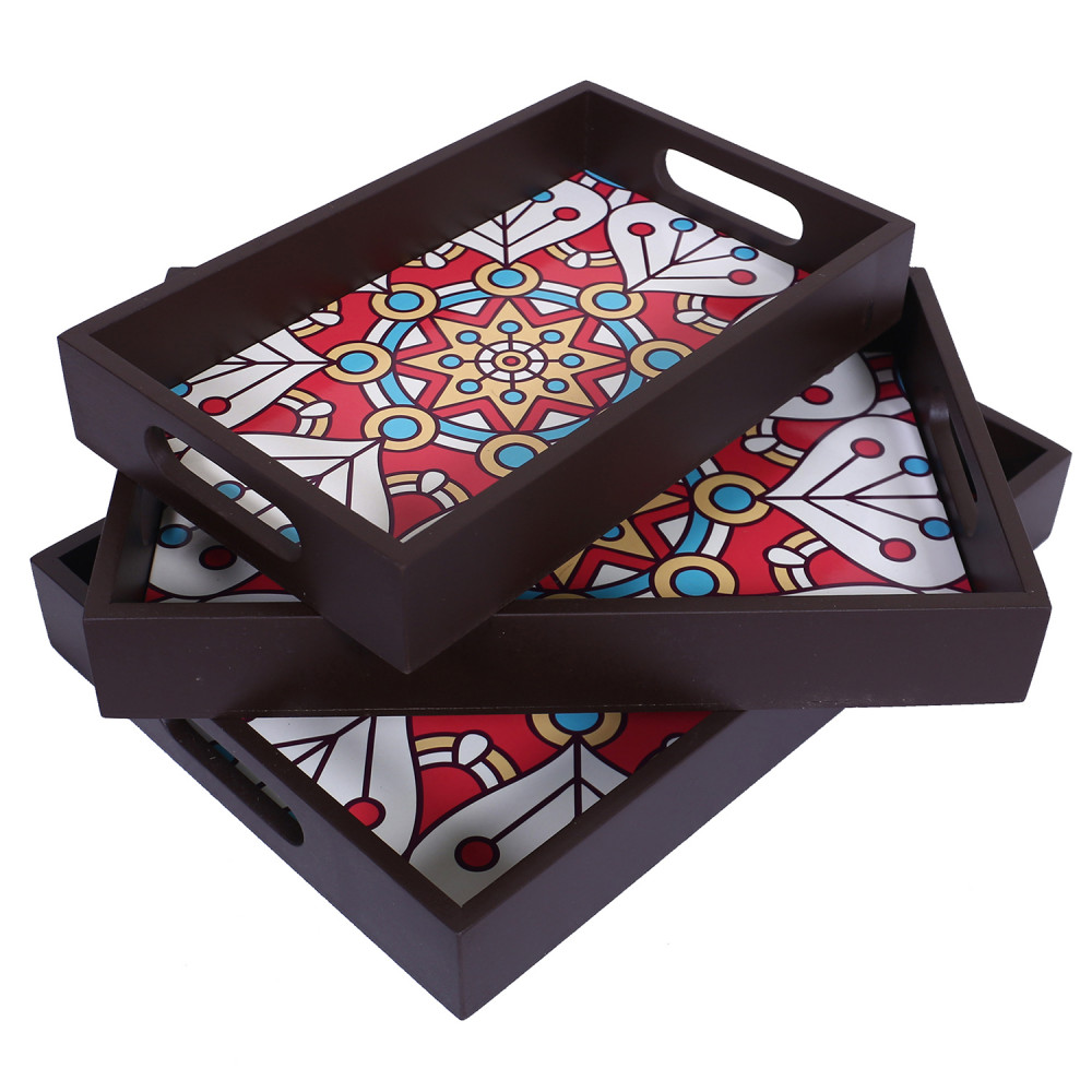 Kuber Industries Nested Serving Trays|Wooden Mandala Square Design Farmhouse Platter|Rectangular Shape Coffee Table Trays with Handle for Kitchen,Dining Area,Set of 3 (Brown)