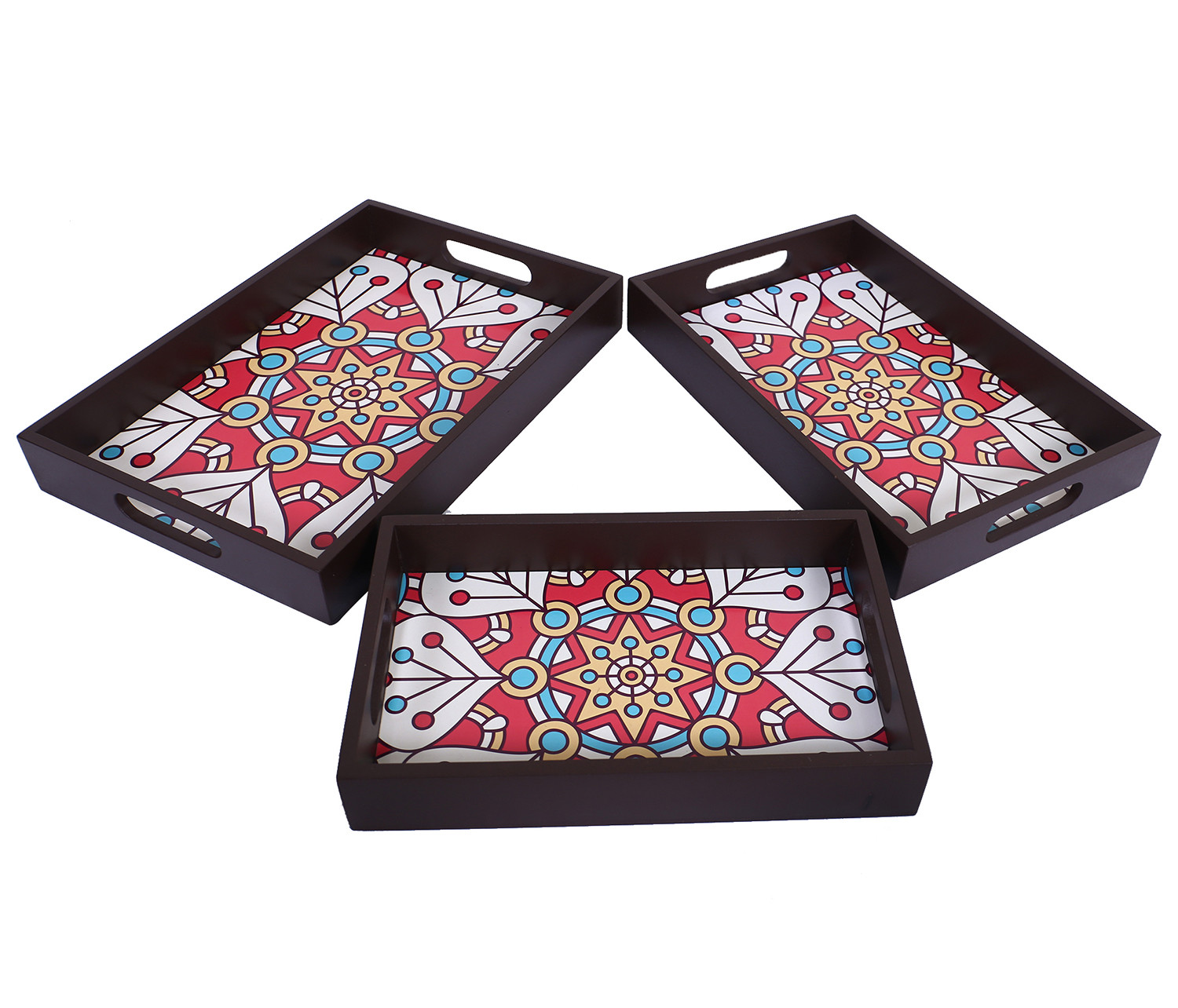 Kuber Industries Nested Serving Trays|Wooden Mandala Square Design Farmhouse Platter|Rectangular Shape Coffee Table Trays with Handle for Kitchen,Dining Area,Set of 3 (Brown)