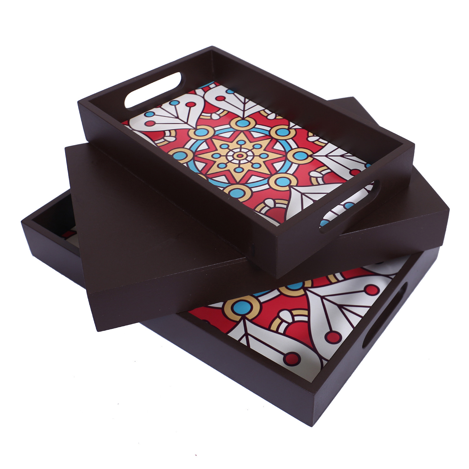 Kuber Industries Nested Serving Trays|Wooden Mandala Square Design Farmhouse Platter|Rectangular Shape Coffee Table Trays with Handle for Kitchen,Dining Area,Set of 3 (Brown)