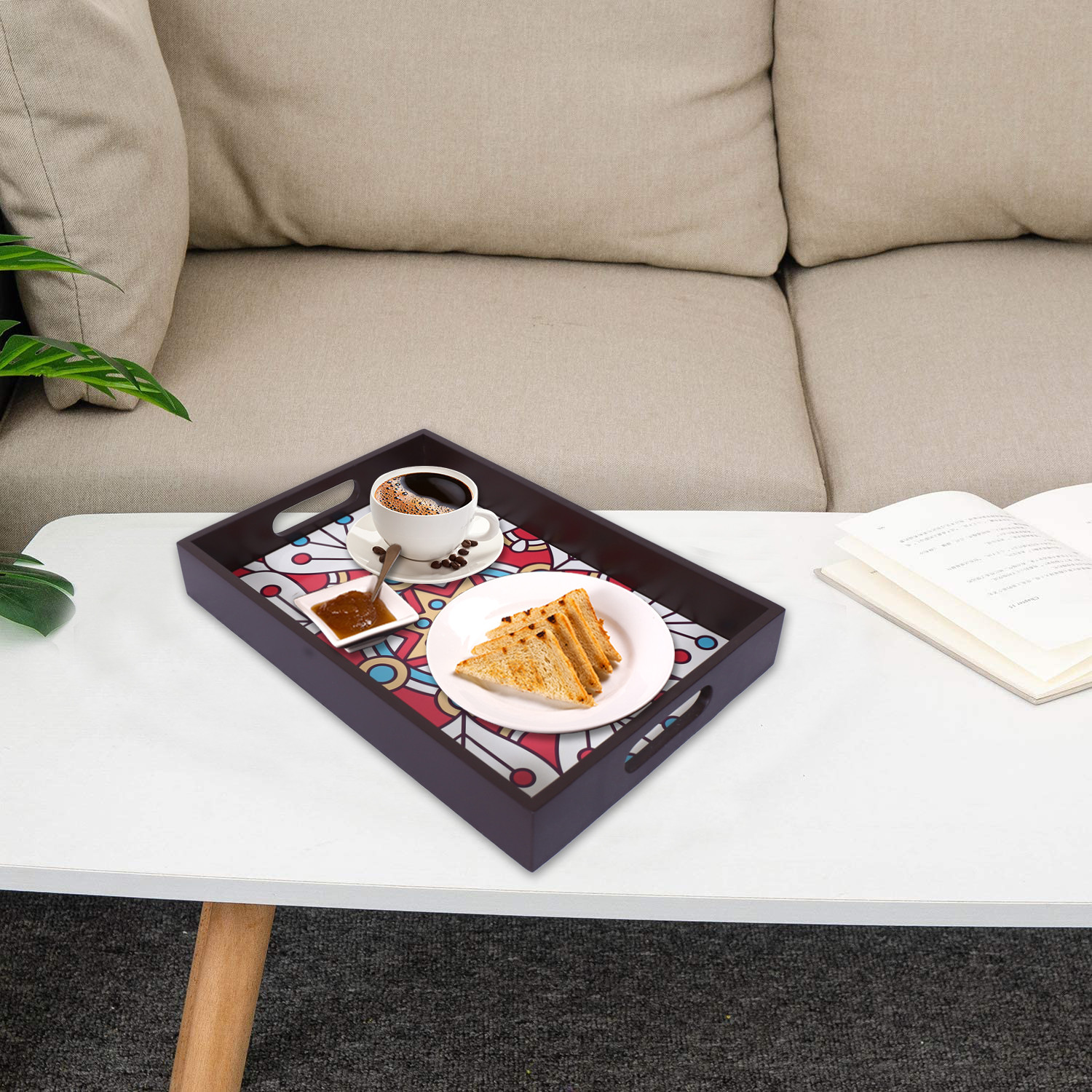 Kuber Industries Nested Serving Trays|Wooden Mandala Square Design Farmhouse Platter|Rectangular Shape Coffee Table Trays with Handle for Kitchen,Dining Area,Set of 3 (Brown)