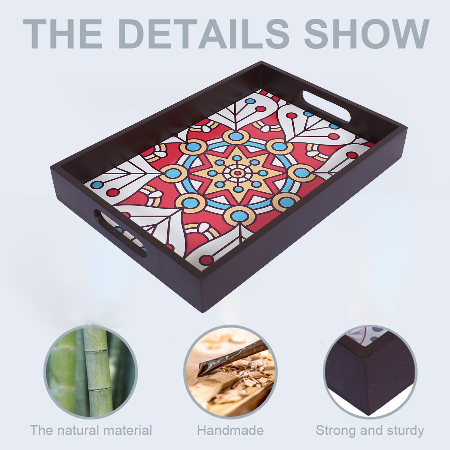 Kuber Industries Nested Serving Trays|Wooden Mandala Square Design Farmhouse Platter|Rectangular Shape Coffee Table Trays with Handle for Kitchen,Dining Area,Set of 3 (Brown)