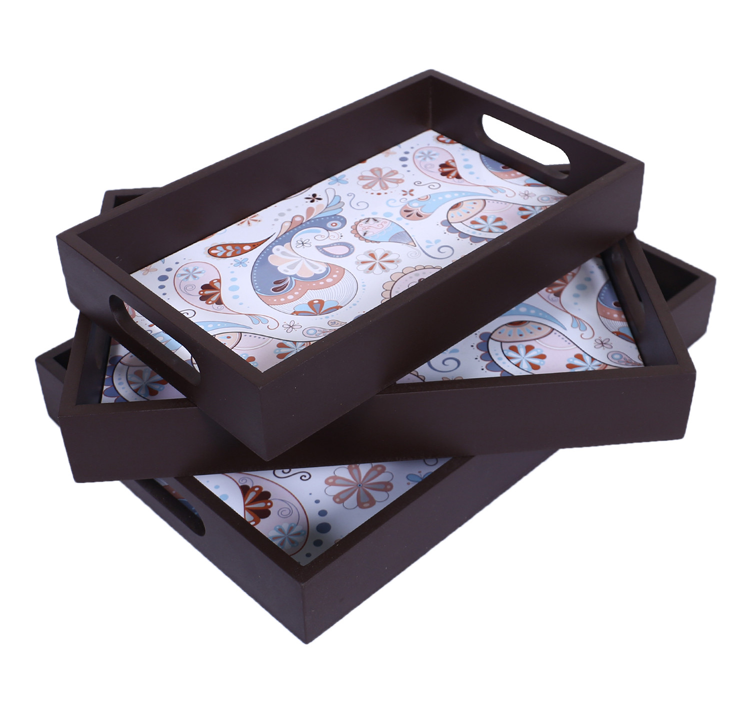 Kuber Industries Nested Serving TraysWooden Paisley Design Farmhouse PlatterRectangular Shape Coffee Table Tray with Handles for KitchenDining AreaSet of 3 Brown