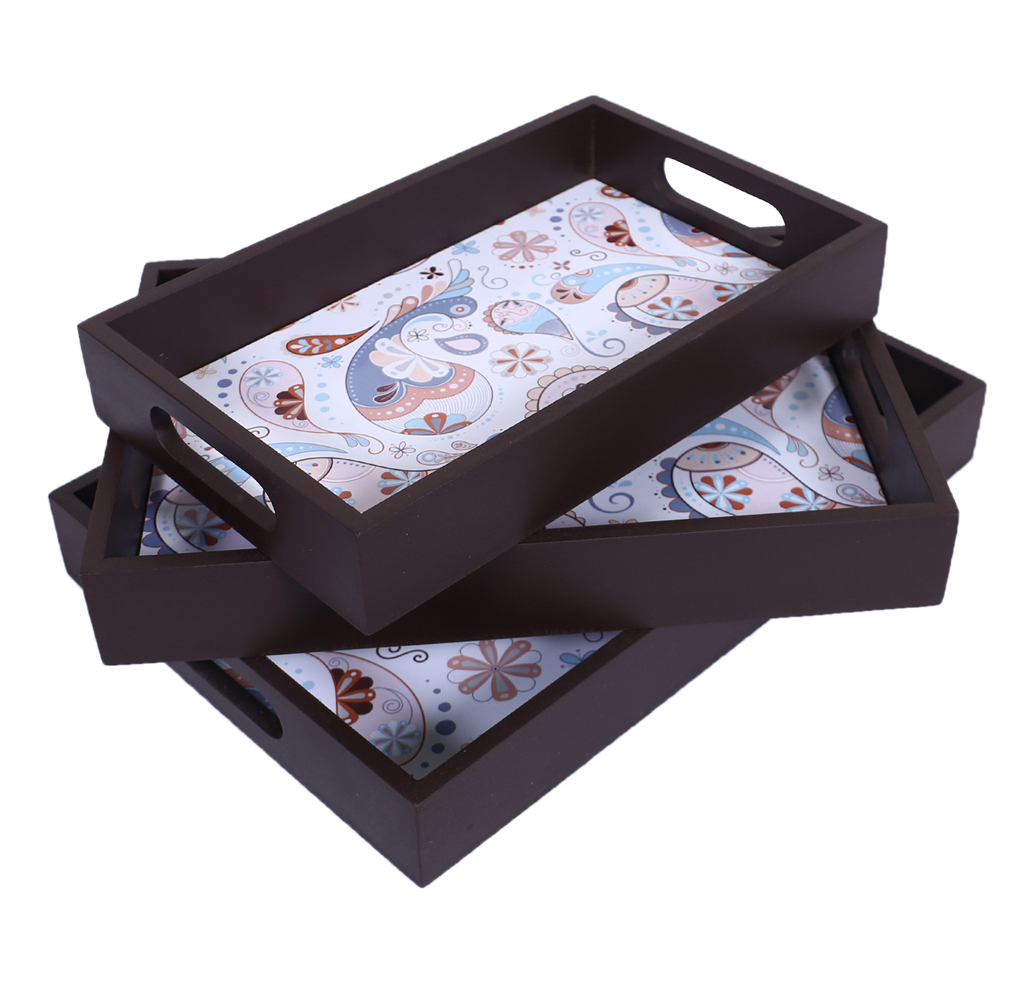 Kuber Industries Nested Serving Trays|Wooden Paisley Design Farmhouse Platter|Rectangular Shape Coffee Table Tray with Handles for Kitchen,Dining Area,Set of 3 (Brown)