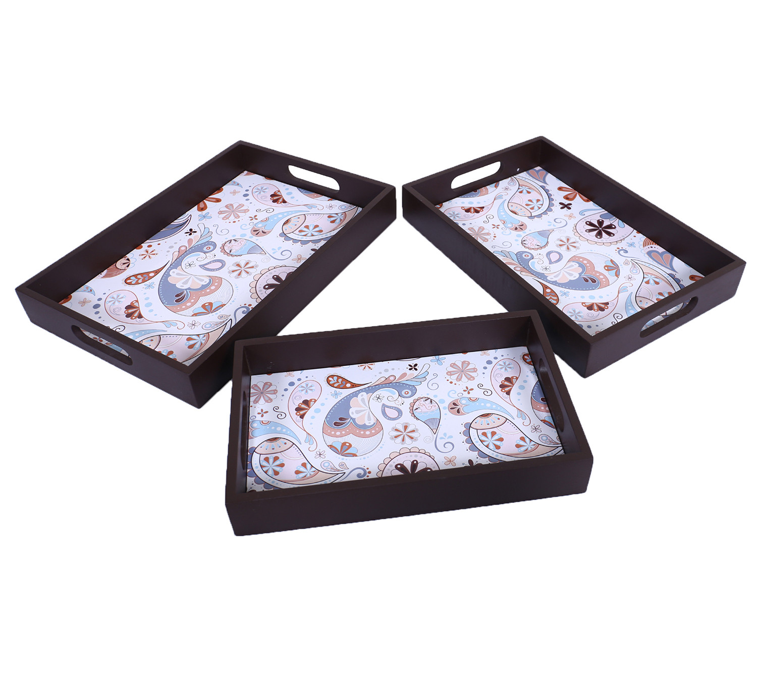 Kuber Industries Nested Serving Trays|Wooden Paisley Design Farmhouse Platter|Rectangular Shape Coffee Table Tray with Handles for Kitchen,Dining Area,Set of 3 (Brown)