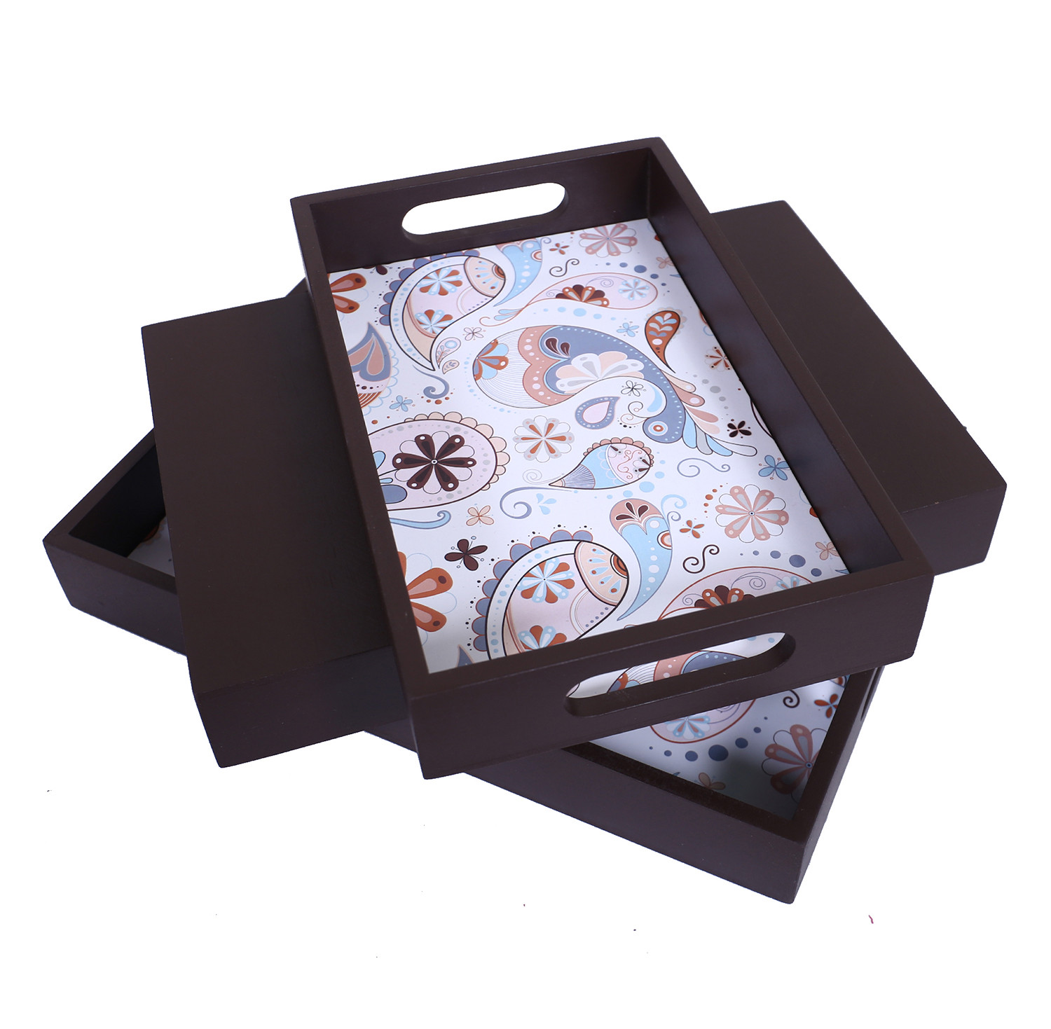 Kuber Industries Nested Serving TraysWooden Paisley Design Farmhouse PlatterRectangular Shape Coffee Table Tray with Handles for KitchenDining AreaSet of 3 Brown