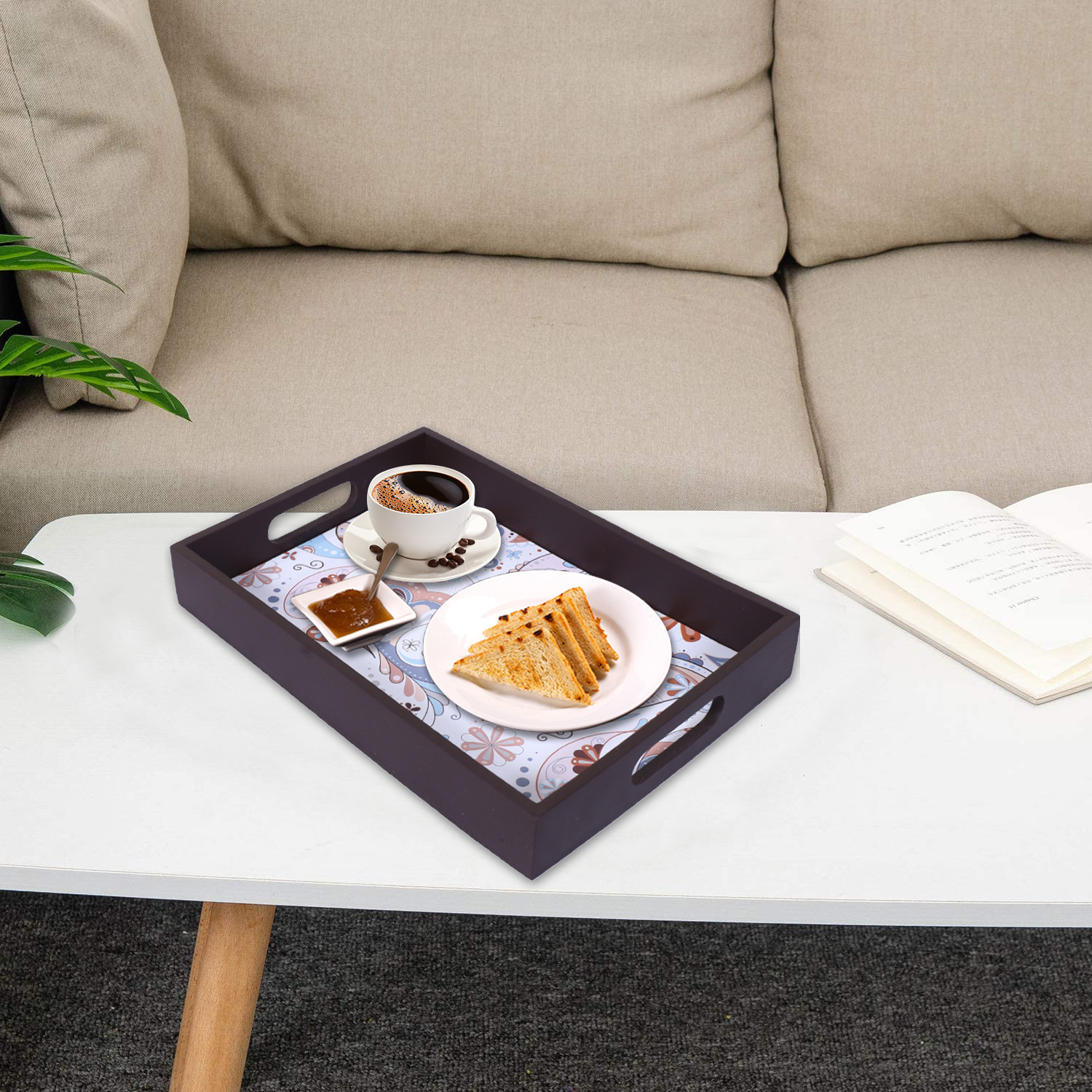 Kuber Industries Nested Serving TraysWooden Paisley Design Farmhouse PlatterRectangular Shape Coffee Table Tray with Handles for KitchenDining AreaSet of 3 Brown