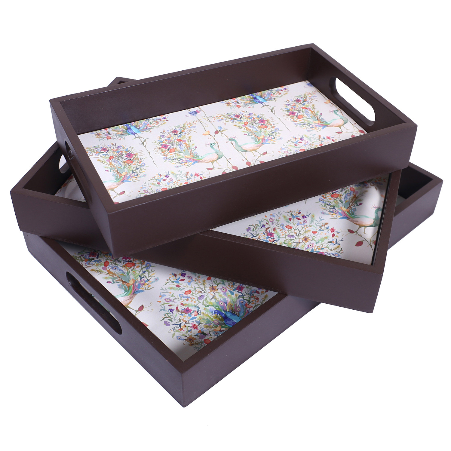 Kuber Industries Nested Serving Trays|Wooden Peacock Design Farmhouse Platter|Rectangular Shape Coffee Table Trays with Handle for Kitchen,Dining Area,Set of 3 (Brown)