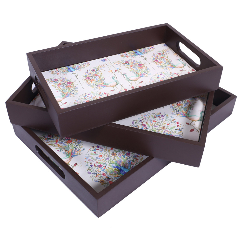Kuber Industries Nested Serving Trays|Wooden Peacock Design Farmhouse Platter|Rectangular Shape Coffee Table Trays with Handle for Kitchen,Dining Area,Set of 3 (Brown)