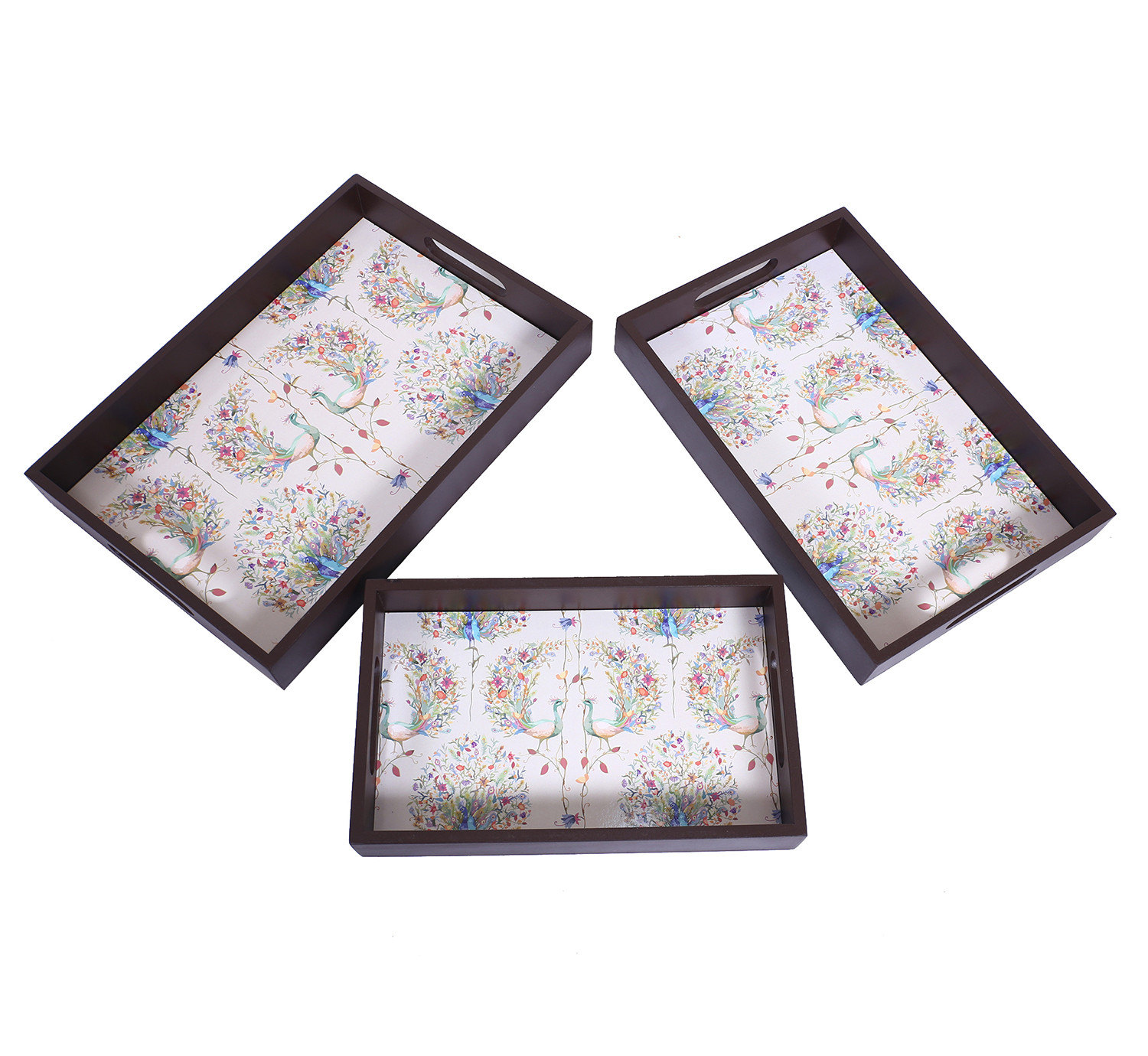 Kuber Industries Nested Serving Trays|Wooden Peacock Design Farmhouse Platter|Rectangular Shape Coffee Table Trays with Handle for Kitchen,Dining Area,Set of 3 (Brown)