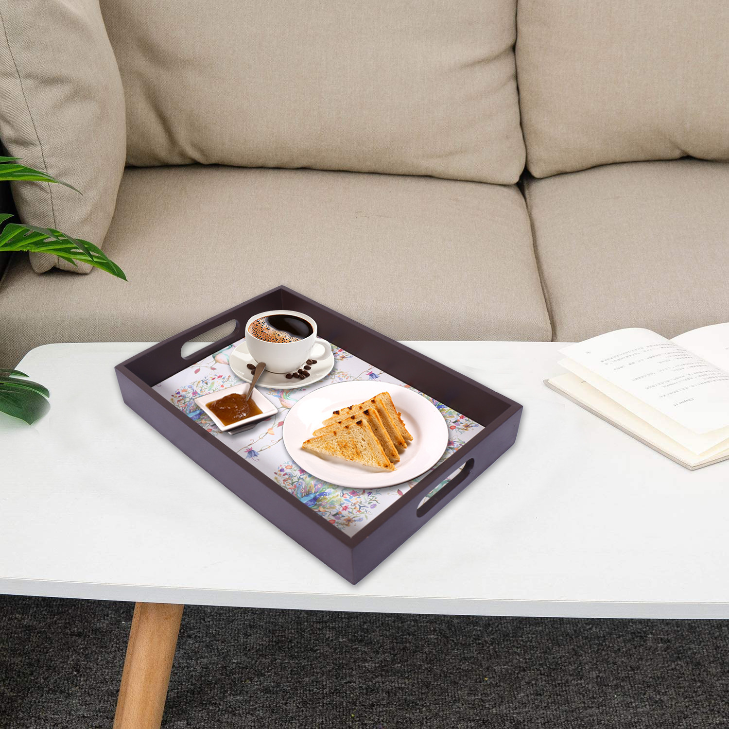 Kuber Industries Nested Serving Trays|Wooden Peacock Design Farmhouse Platter|Rectangular Shape Coffee Table Trays with Handle for Kitchen,Dining Area,Set of 3 (Brown)