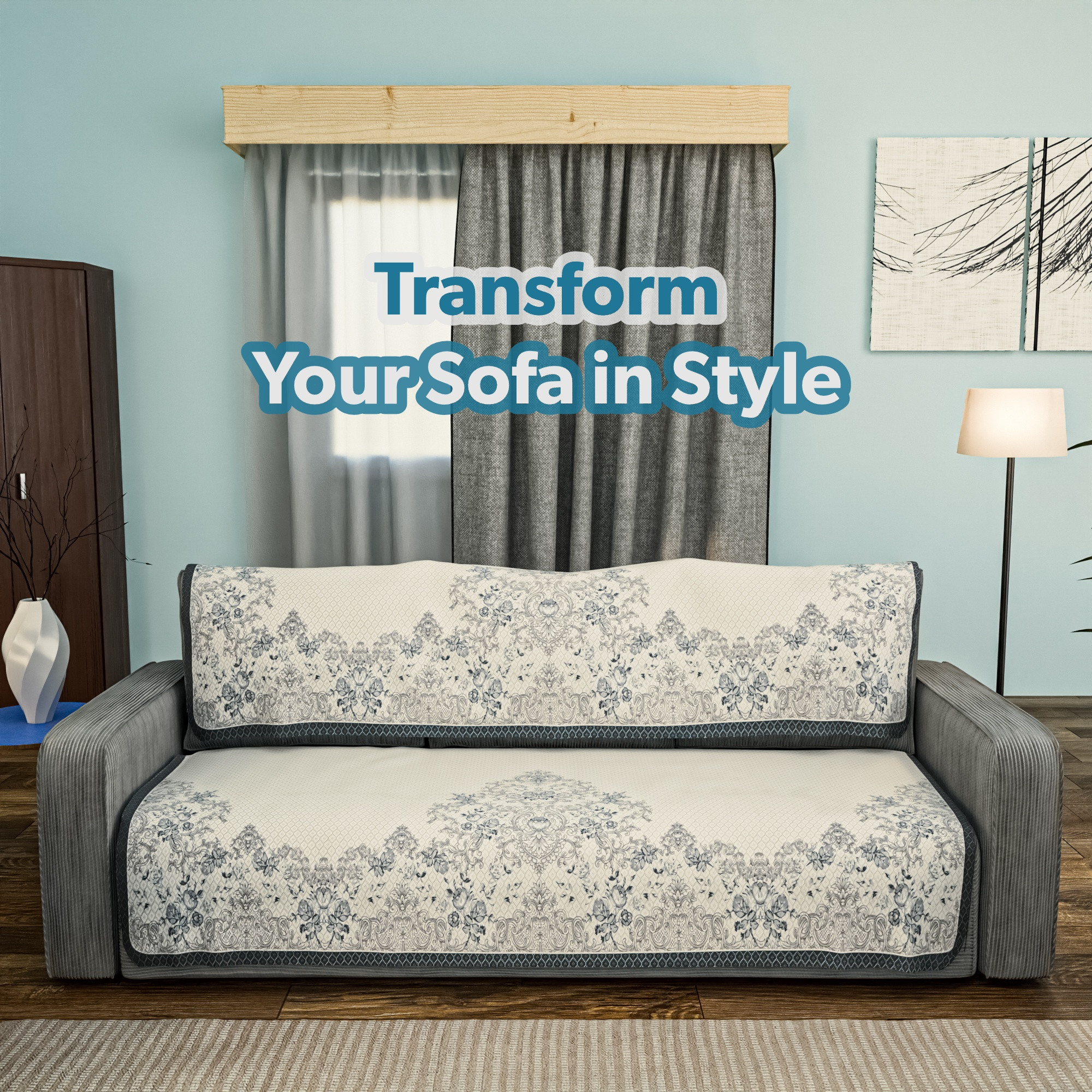 Kuber Industries Net Cotton Long Sofa Cover 3 Seater for Living Room  Cover for Sofa Furniture Protector for Home and Office  Sofacover Cloth for Home Decor and Hall  Paradise 1176 - Blue