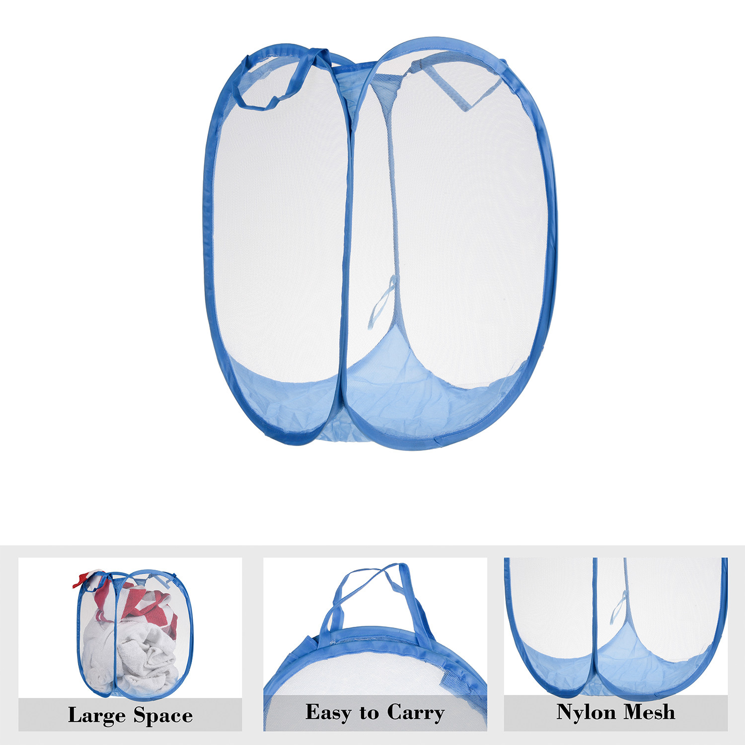 Kuber Industries Net Laundry Basket | Foldable & Lighweight Clothes Basket for Kids Room | Nylon Durable Storage Basket with handle | Small | Sky Blue