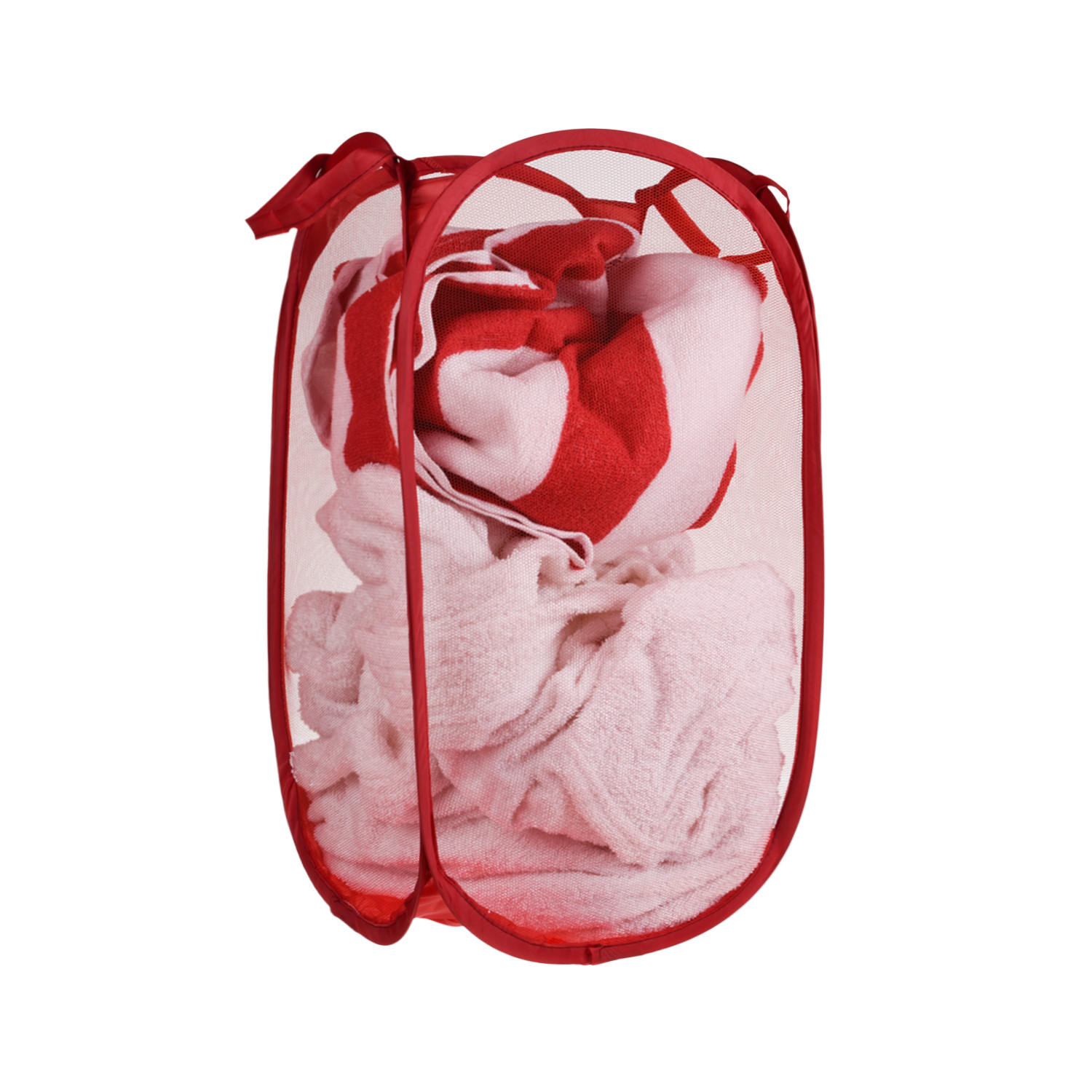 Kuber Industries Net Laundry Basket | Foldable & Lighweight Clothes Basket for Kids Room | Nylon Durable Storage Basket with handle | Small | Red