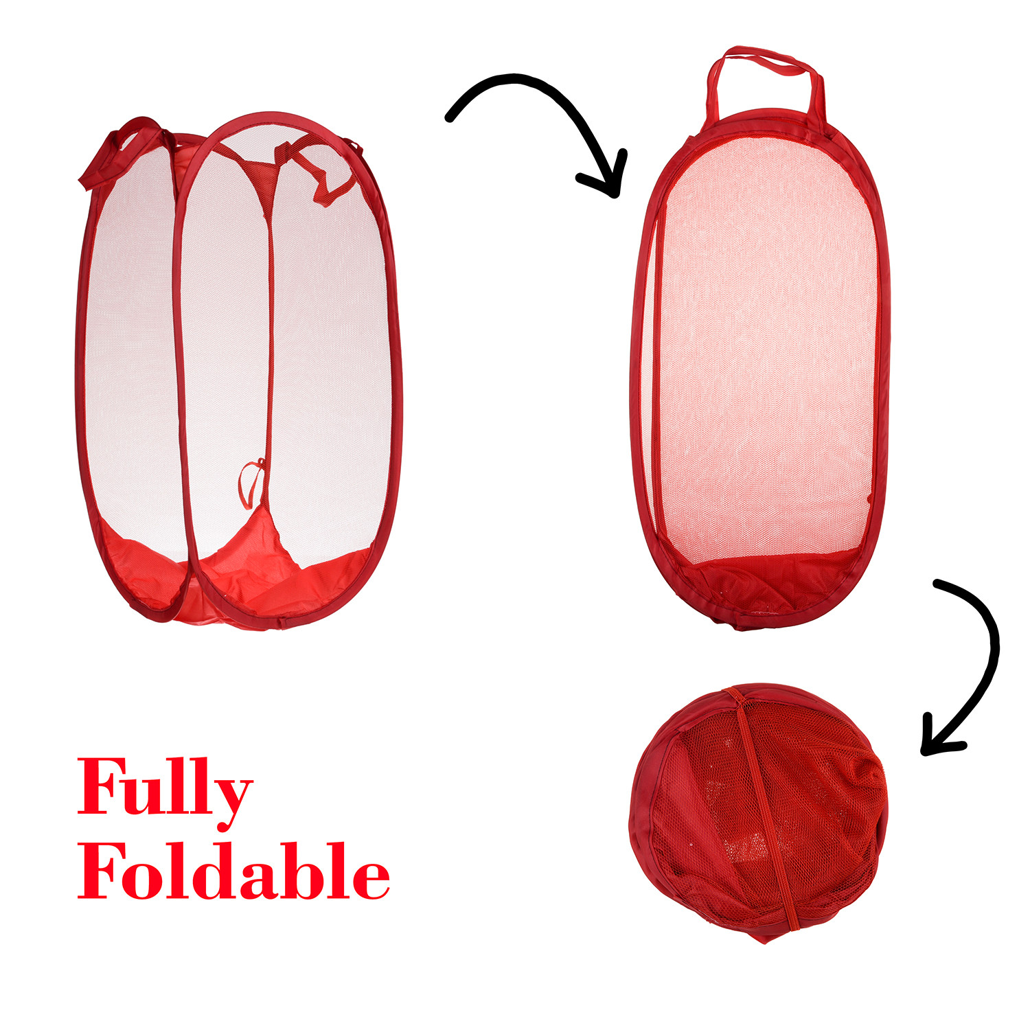 Kuber Industries Net Laundry Basket | Foldable & Lighweight Clothes Basket for Kids Room | Nylon Durable Storage Basket with handle | Small | Red